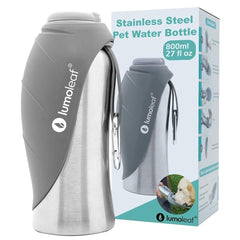 LumoLeaf 800 ml Stainless Steel Dog Water Bottle | Travel Pet Water Dispenser - Grey