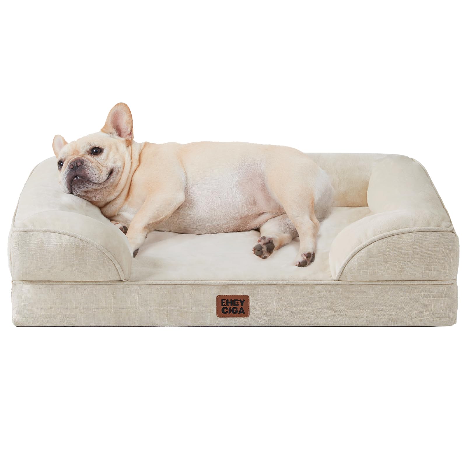 EHEYCIGA Memory Foam XL Orthopedic Dog Bed | Bolster Sides, Waterproof - Beige / 76L x 51W x 16H cm