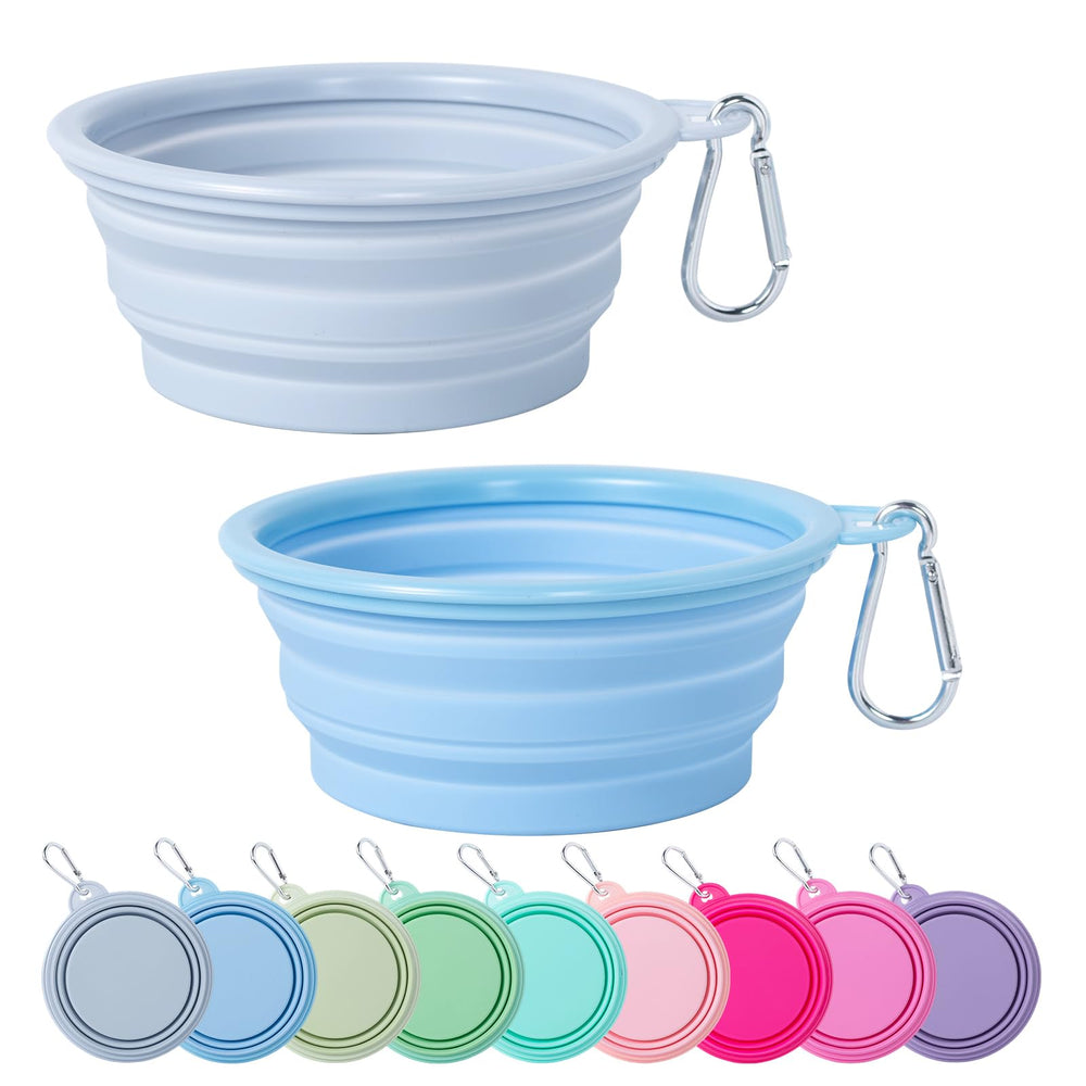 SLSON Collapsible Dog Bowls 2-Pack | Macaron Silicone Travel Pet Bowls - Macaron Blue and Light Grey