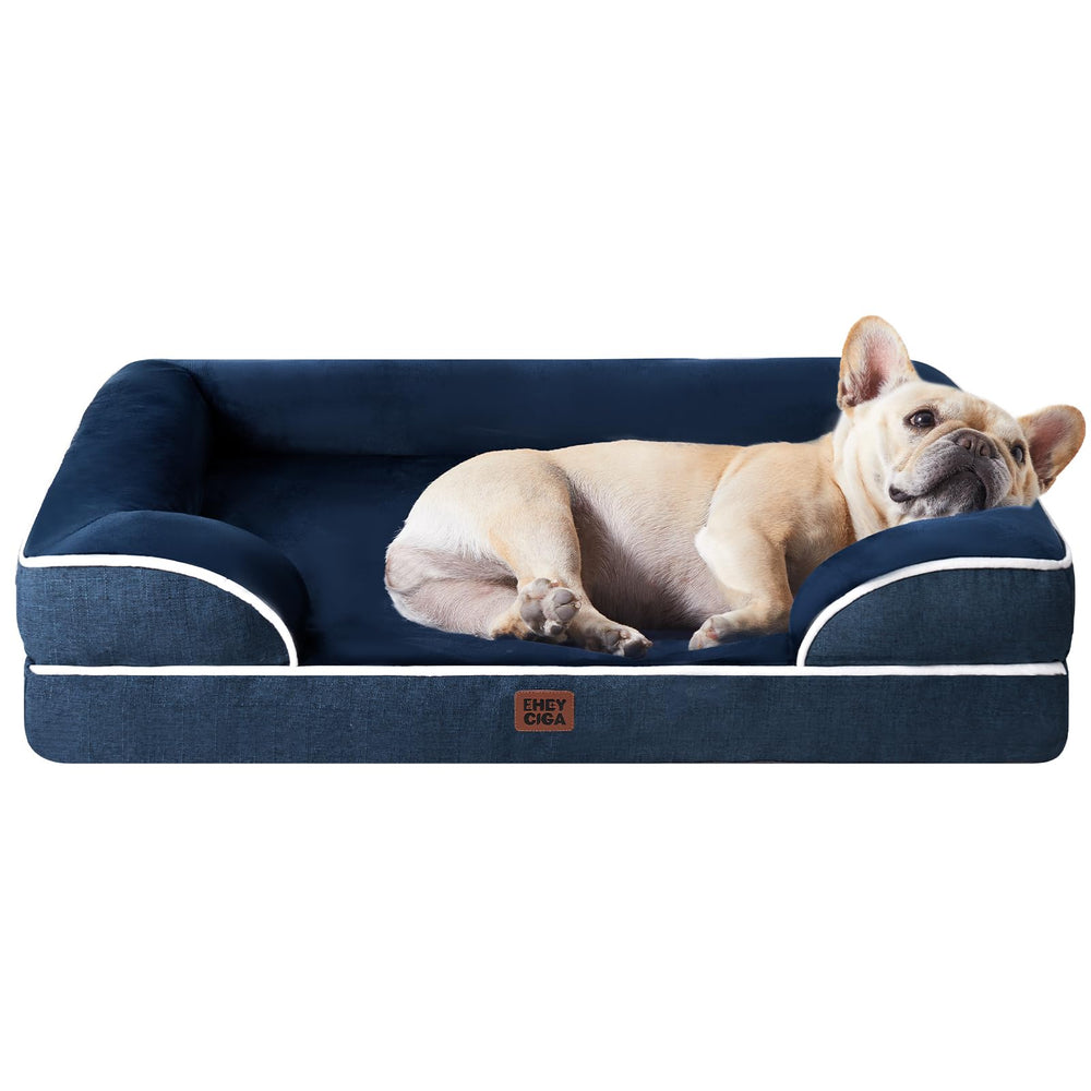 EHEYCIGA Memory Foam XL Orthopedic Dog Bed | Bolster Sides, Waterproof - Navy / 76L x 51W x 16H cm
