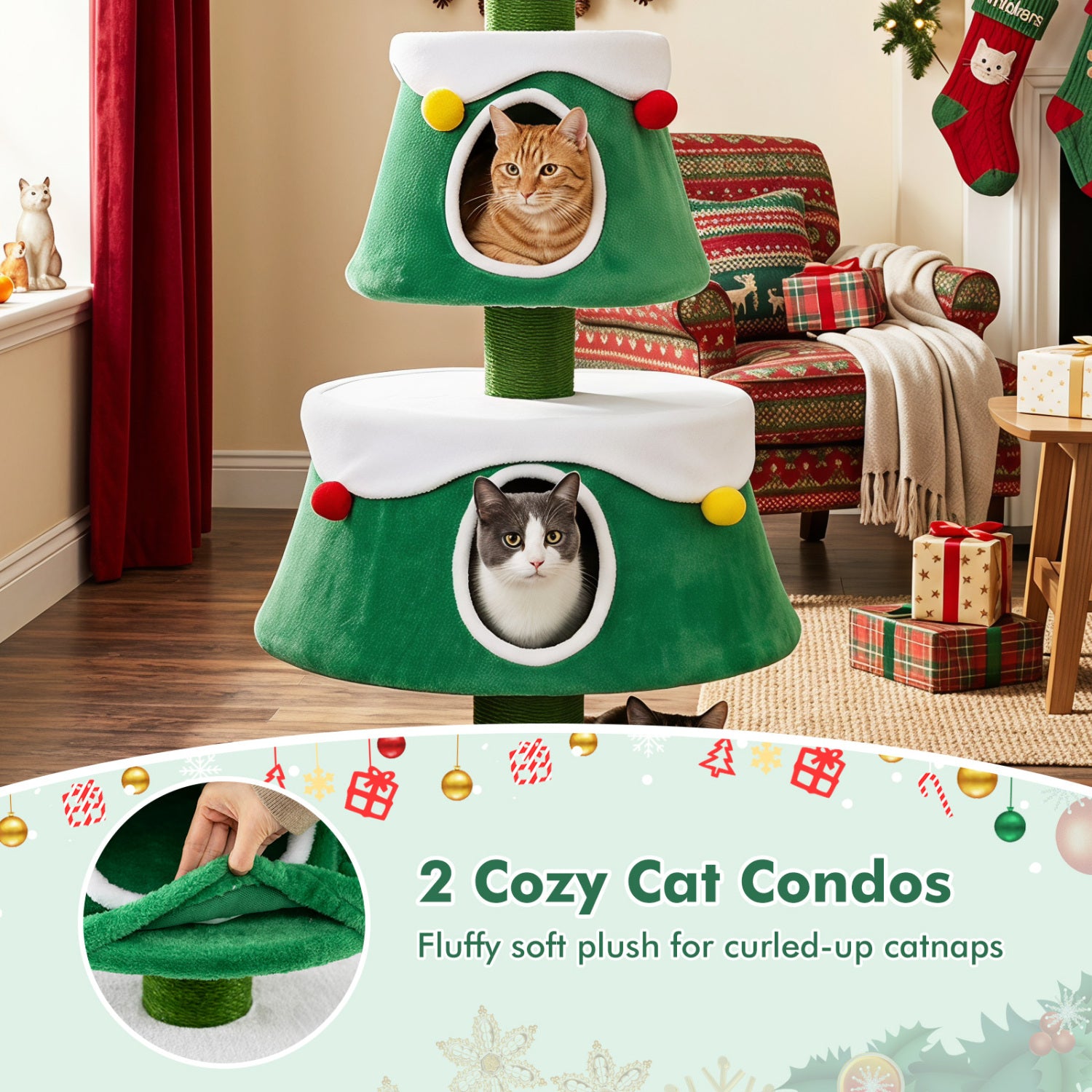 61.5" Cat Christmas Tree for Indoor Kittens with 2 Large Condos Star Spring Toy - view 8