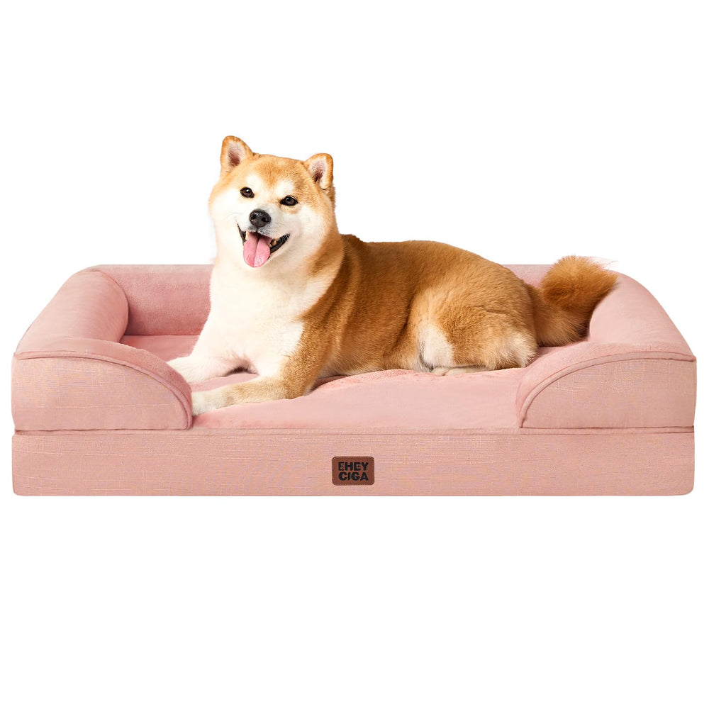 EHEYCIGA Memory Foam XL Orthopedic Dog Bed | Bolster Sides, Waterproof - Dusty Pink / 91L x 68W x 16H cm