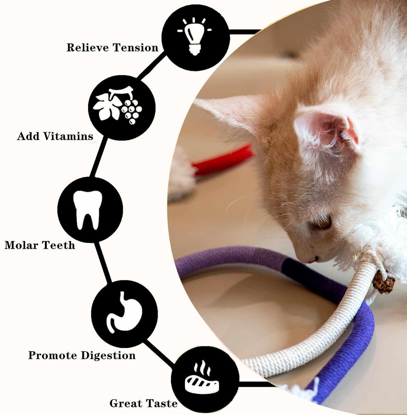 Petelligent 3-Pack Bent Cat Rope Toys | Cotton Rope, Pom Pom & Catnip - detail view