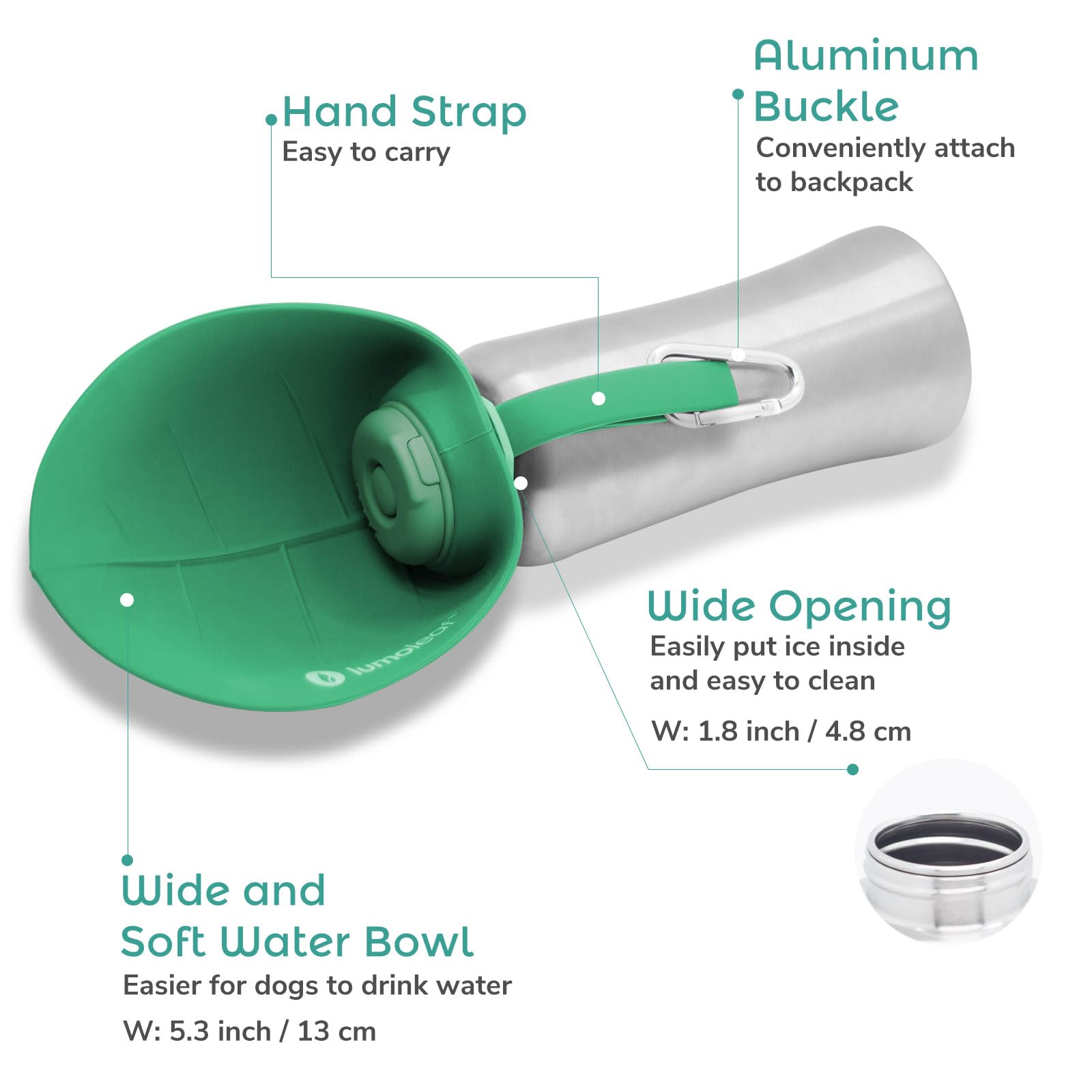 LumoLeaf 800 ml Stainless Steel Dog Water Bottle | Travel Pet Water Dispenser - detail view