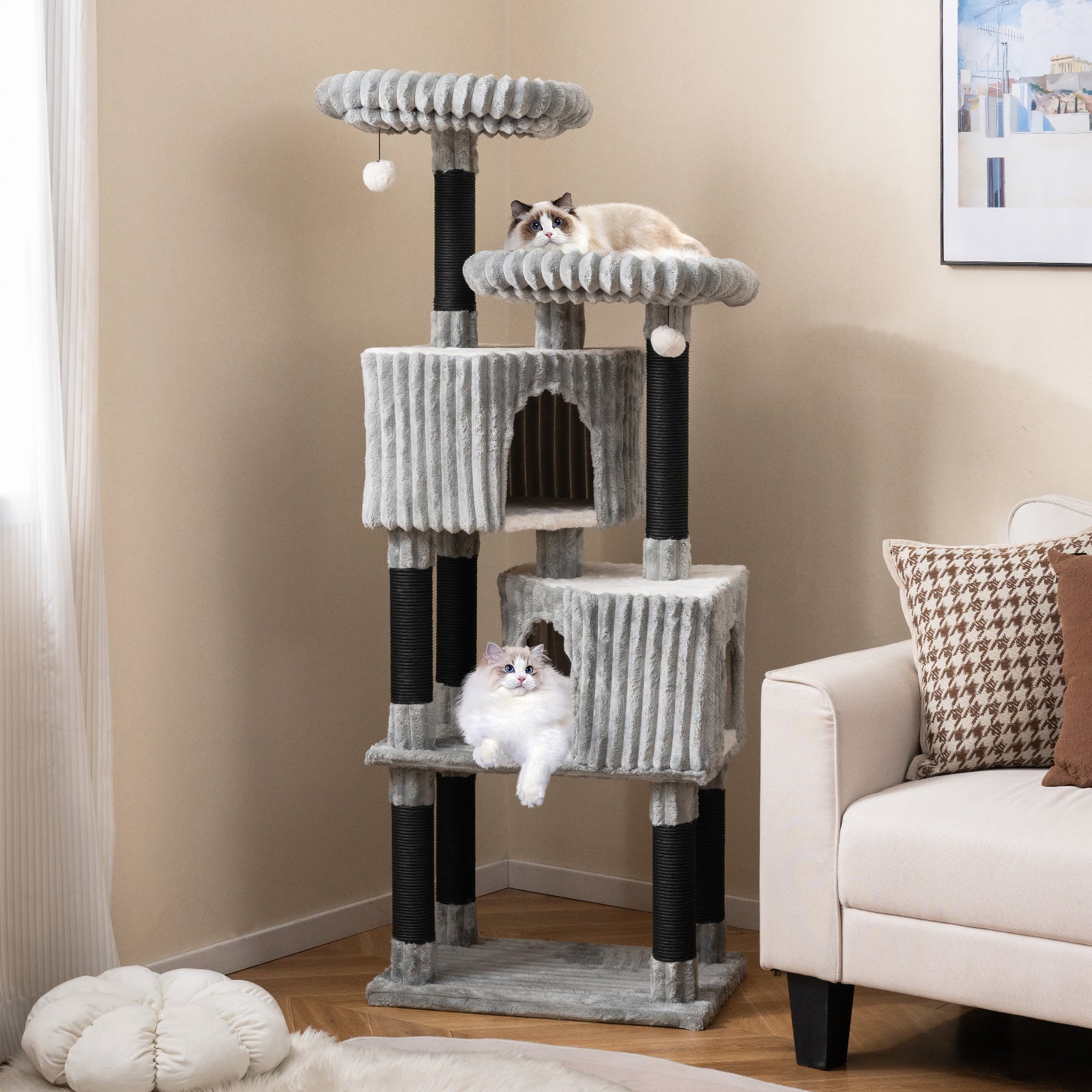 62 Inch Tall Cat Tower with Scratching Posts and Soft Flannel Covering Cat Tree - view 2