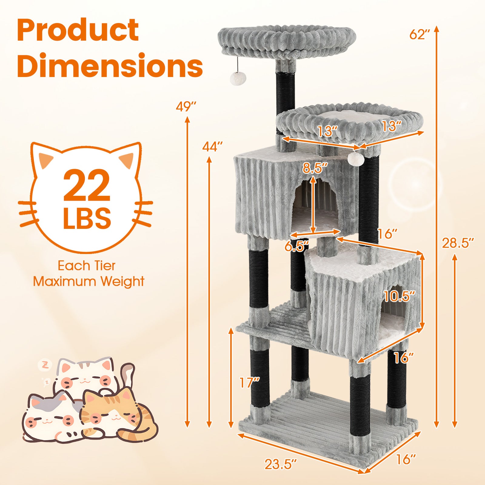 62 Inch Tall Cat Tower with Scratching Posts and Soft Flannel Covering Cat Tree - view 5