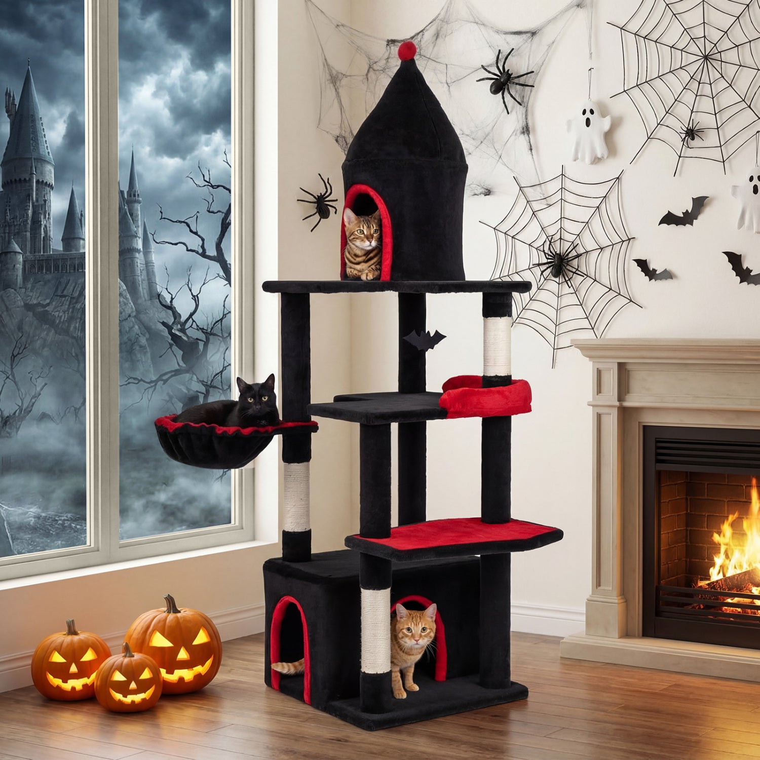63 Inch Gothic Cat Tree with Condo and Top Cave for Large Cats 20+ LBS - view 2