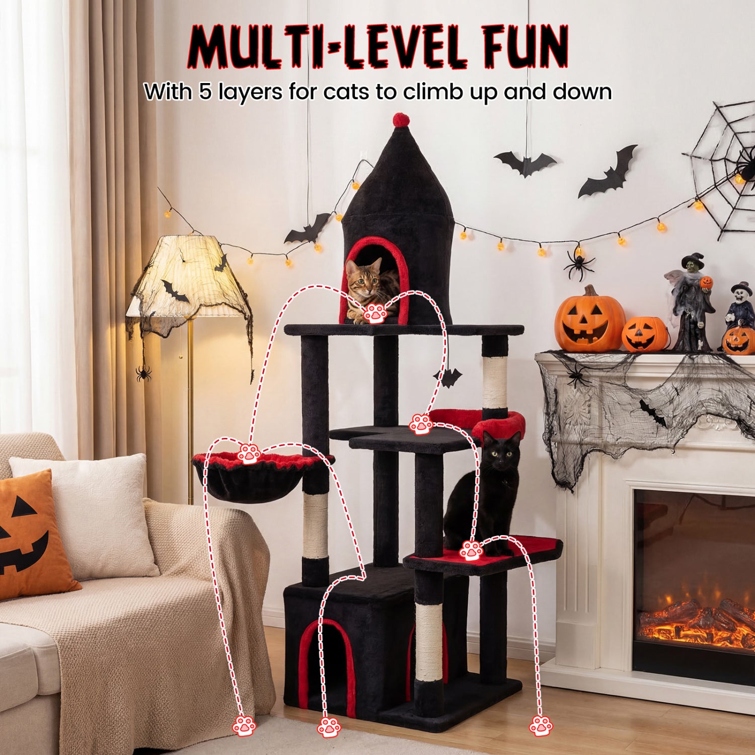 63 Inch Gothic Cat Tree with Condo and Top Cave for Large Cats 20+ LBS - view 5