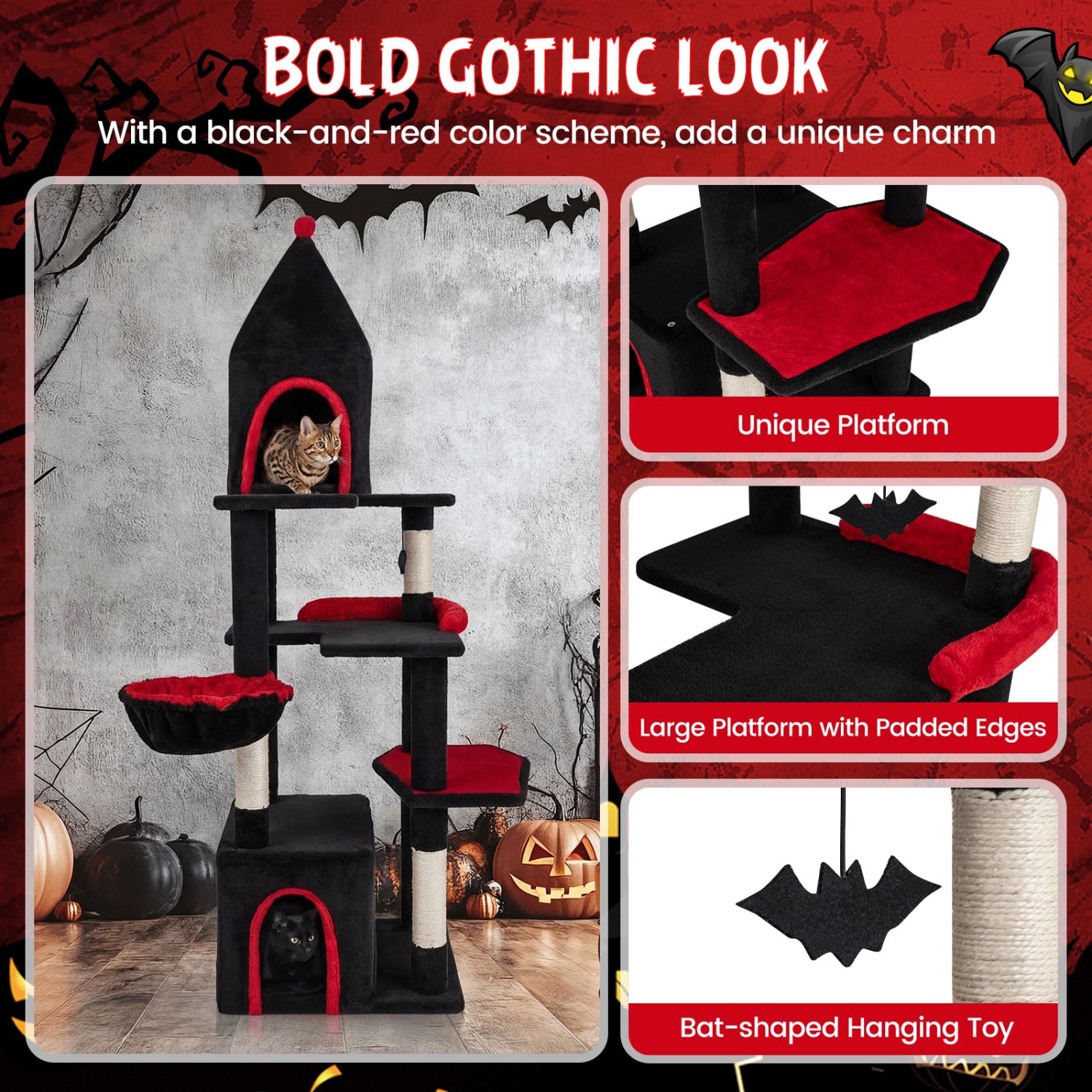 63 Inch Gothic Cat Tree with Condo and Top Cave for Large Cats 20+ LBS - view 8