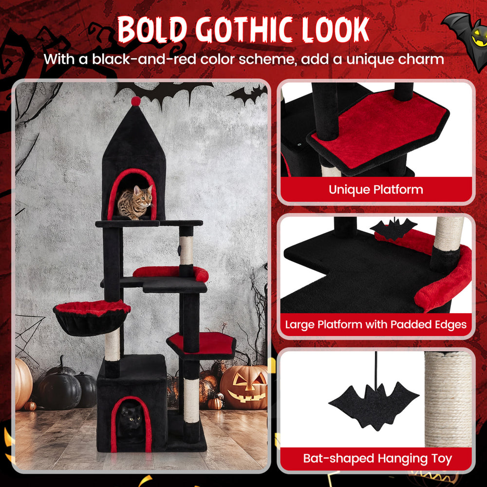 63 Inch Gothic Cat Tree with Condo and Top Cave for Large Cats 20+ LBS - view 8