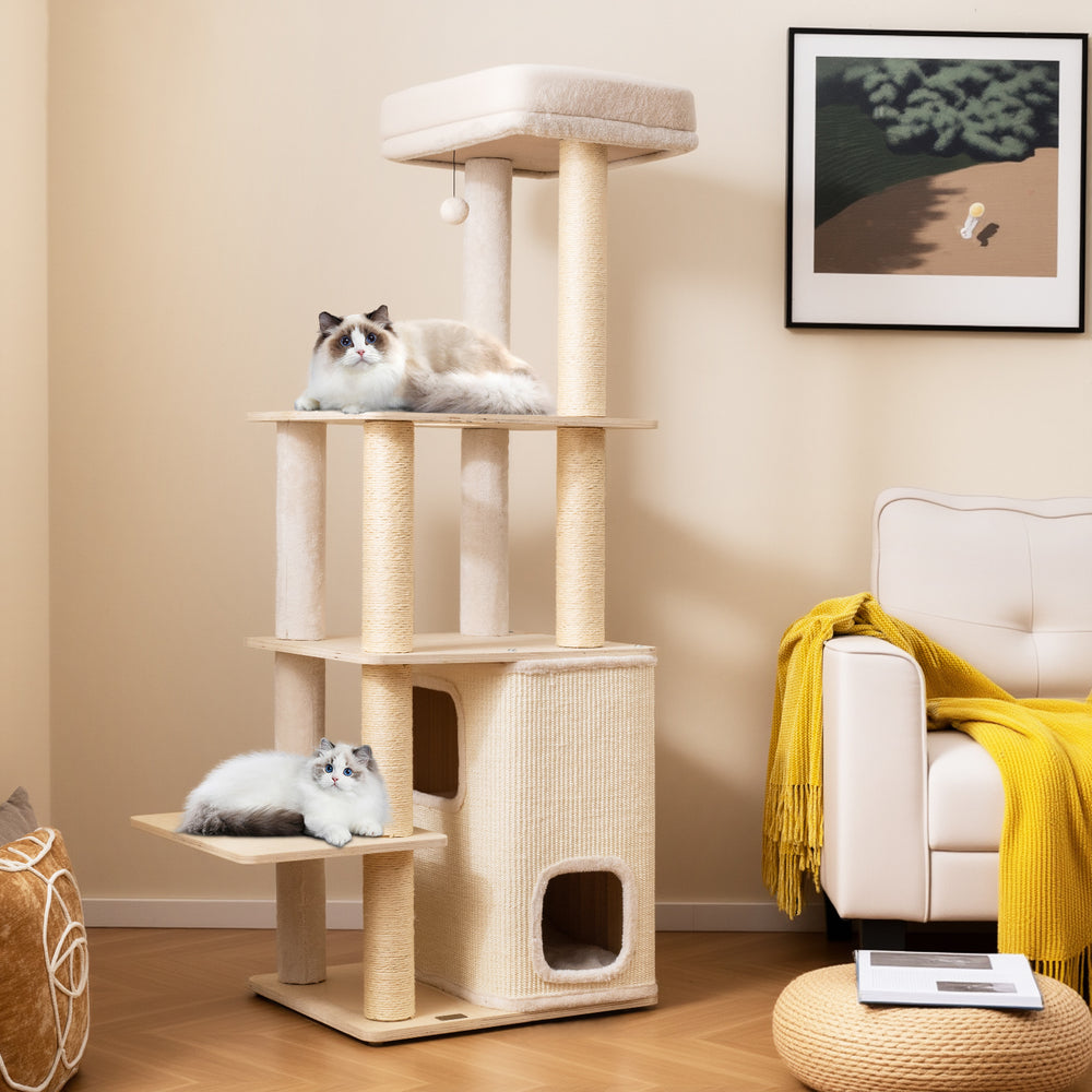 63 Inch Tall Wooden Cat Tree with 2-Story Condo and Plush Padded Top Perch - view 2
