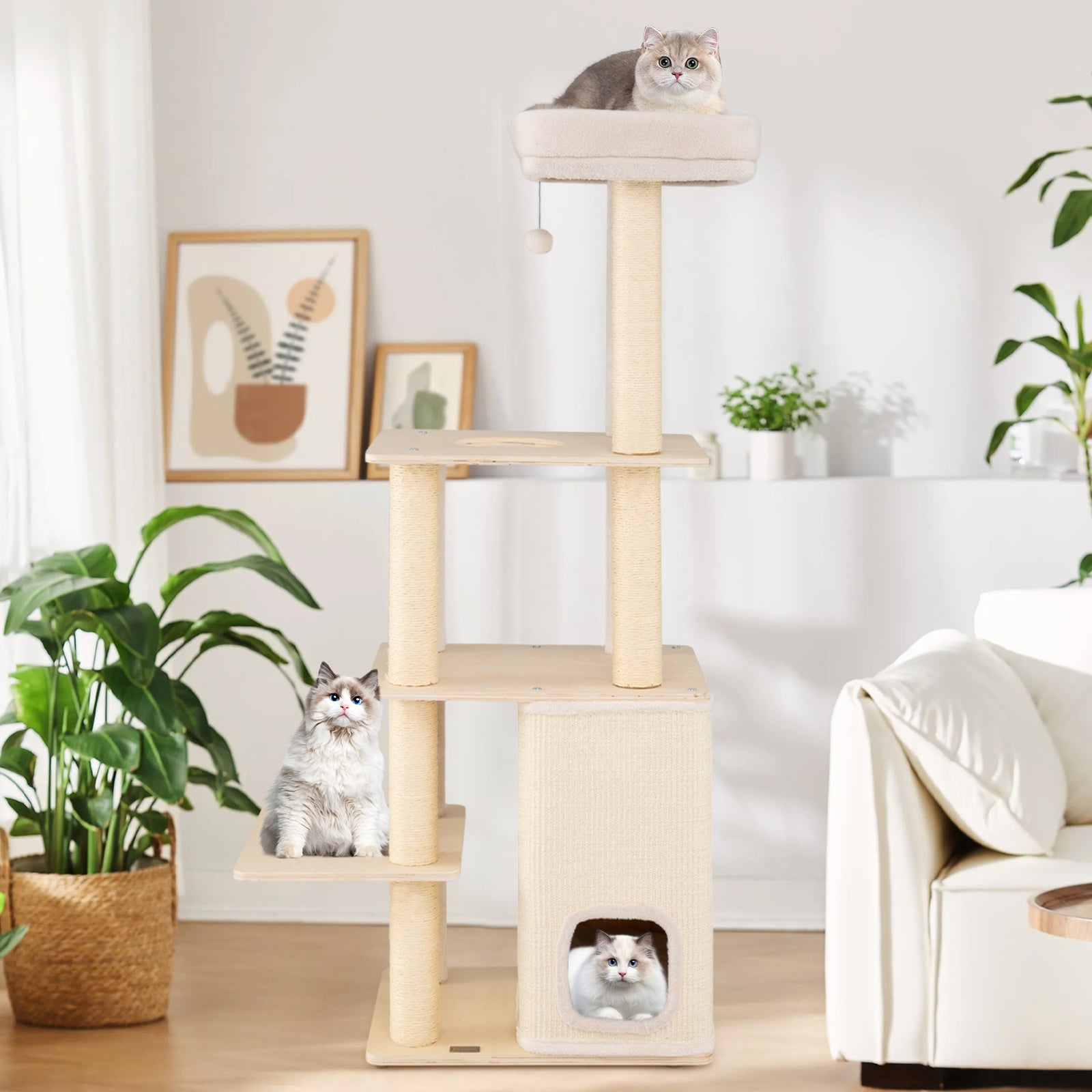 63 Inch Tall Wooden Cat Tree with 2-Story Condo and Plush Padded Top Perch - view 3