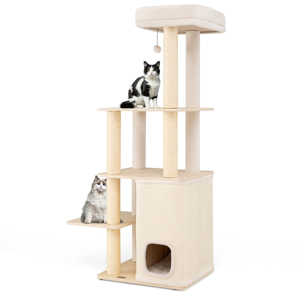 63 Inch Tall Wooden Cat Tree with 2-Story Condo and Plush Padded Top Perch - view 4