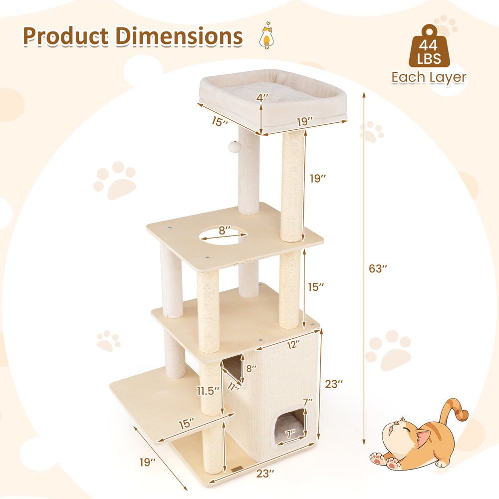 63 Inch Tall Wooden Cat Tree with 2-Story Condo and Plush Padded Top Perch - view 5
