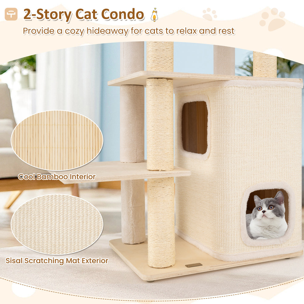 63 Inch Tall Wooden Cat Tree with 2-Story Condo and Plush Padded Top Perch - view 6