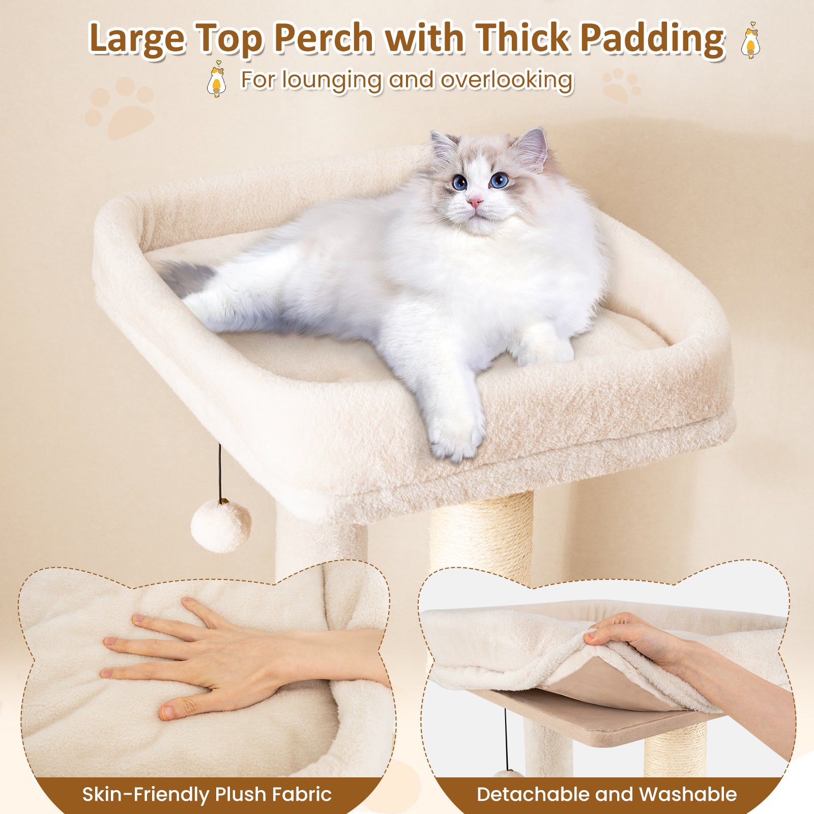 63 Inch Tall Wooden Cat Tree with 2-Story Condo and Plush Padded Top Perch - view 7