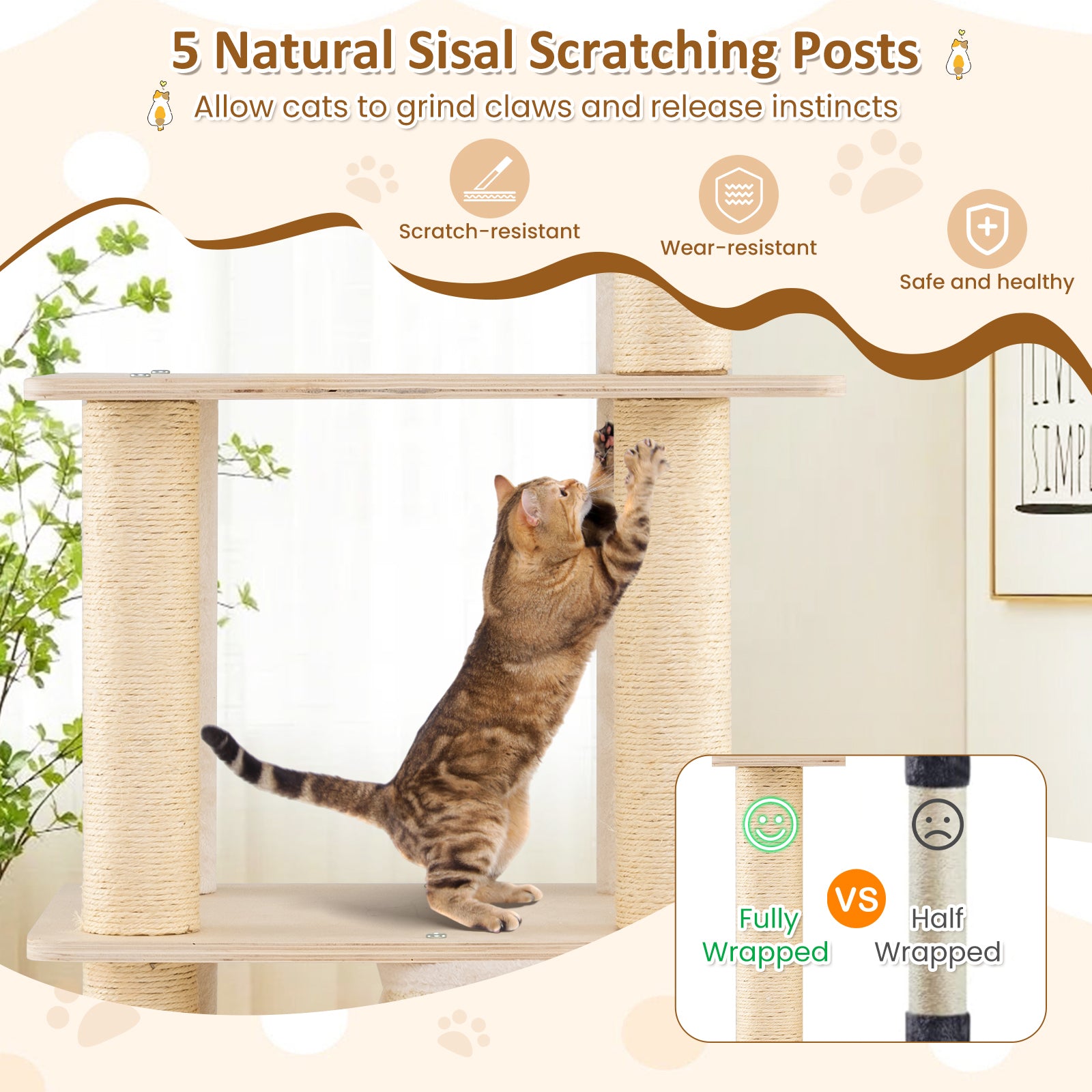 63 Inch Tall Wooden Cat Tree with 2-Story Condo and Plush Padded Top Perch - view 8