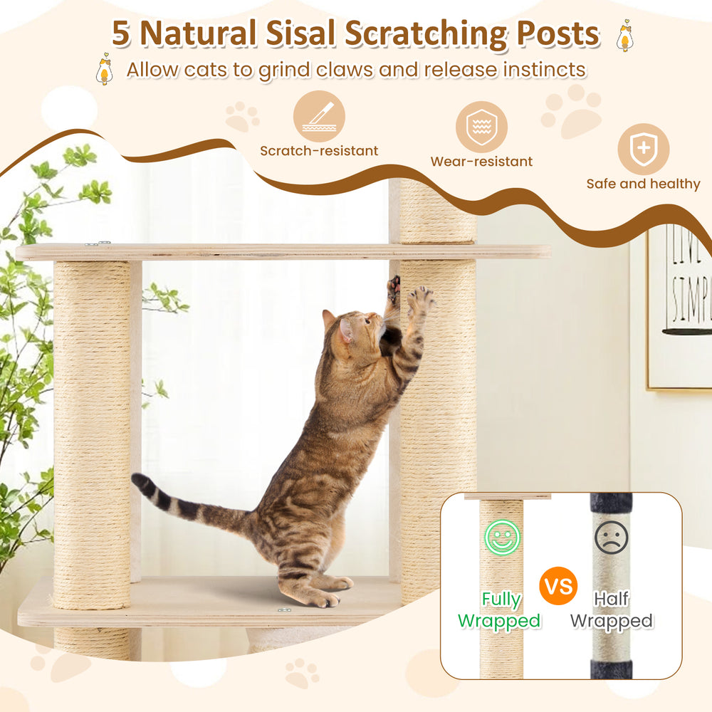 63 Inch Tall Wooden Cat Tree with 2-Story Condo and Plush Padded Top Perch - view 8