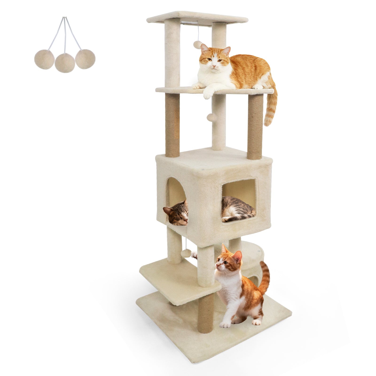 64 Inch Tall Cat Tree with 2 Large Condos and Jute Scratching Posts for Indoor