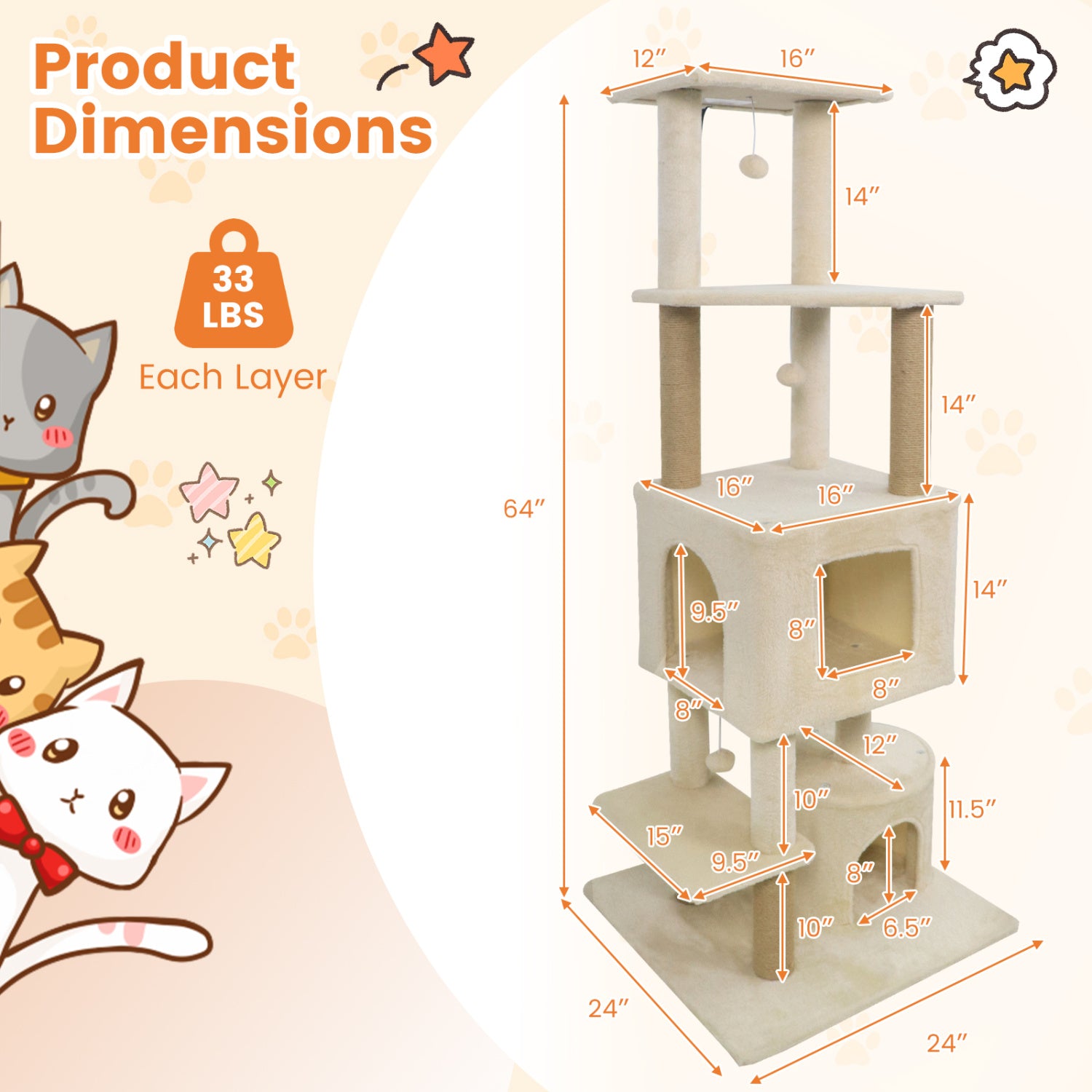 64 Inch Tall Cat Tree with 2 Large Condos and Jute Scratching Posts for Indoor - view 5