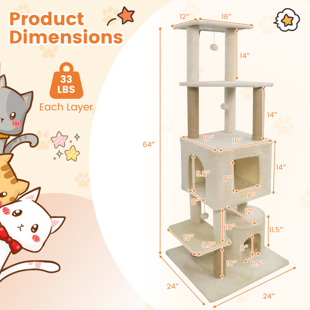 64 Inch Tall Cat Tree with 2 Large Condos and Jute Scratching Posts for Indoor - view 5