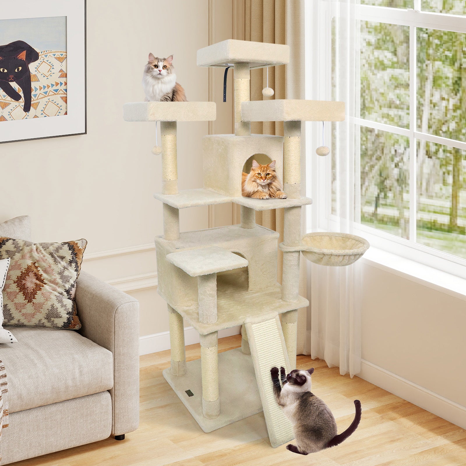 65 Inch Tall Multi-level Cat Tree with 3 Upholstered Perch and 2 Cat Condos - view 3