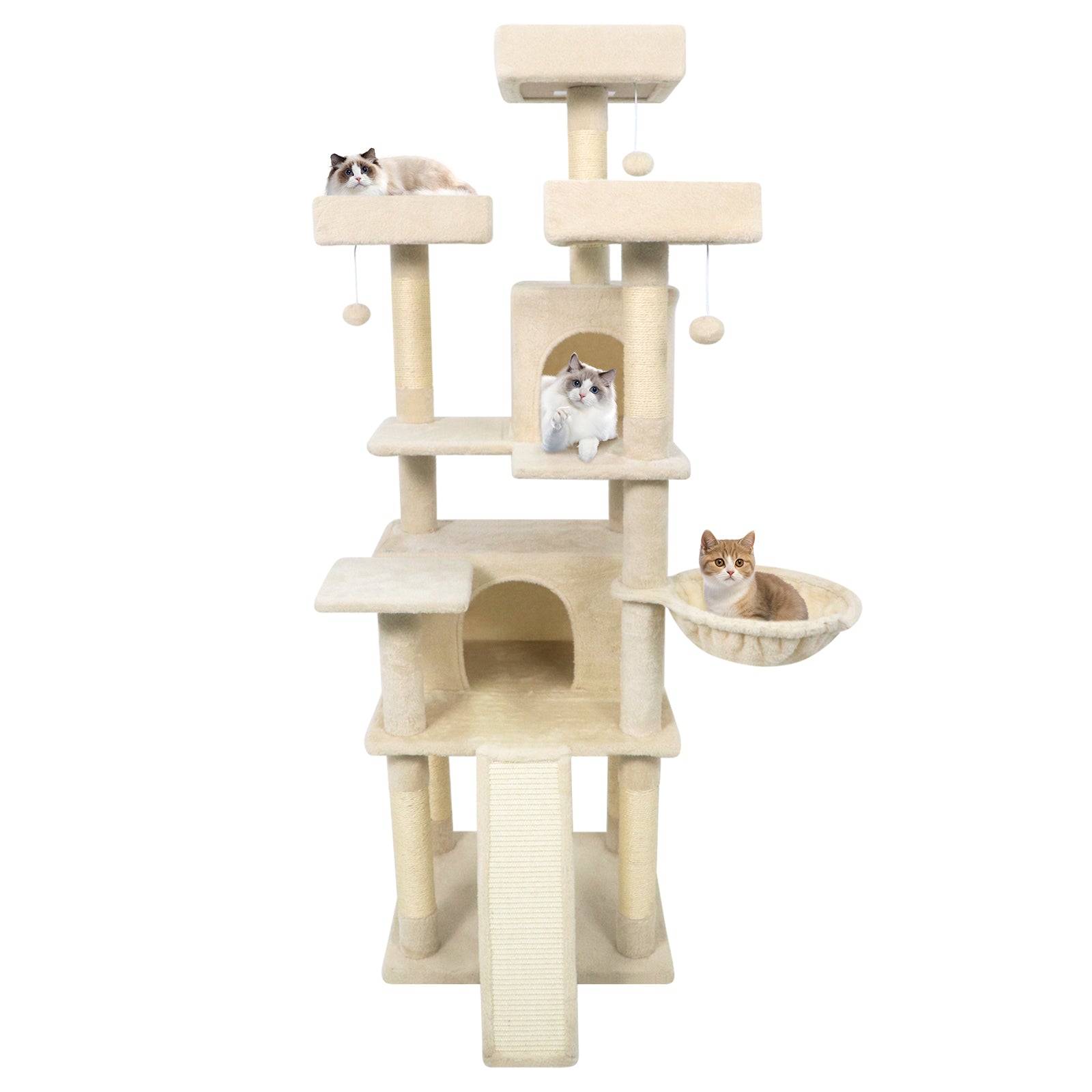 65 Inch Tall Multi-level Cat Tree with 3 Upholstered Perch and 2 Cat Condos - view 4