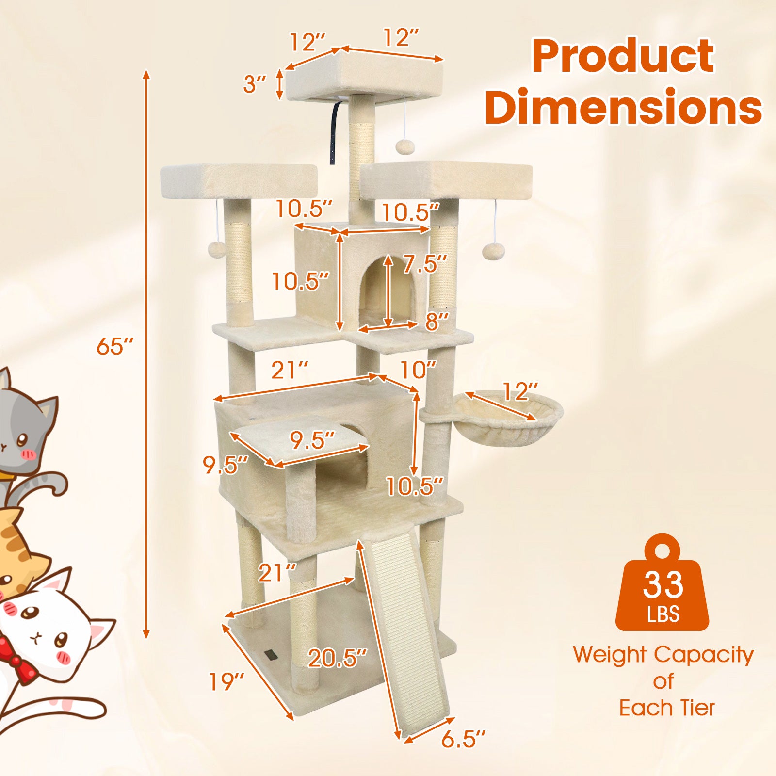 65 Inch Tall Multi-level Cat Tree with 3 Upholstered Perch and 2 Cat Condos - view 5