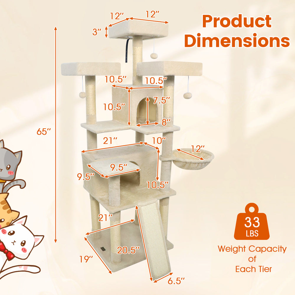 65 Inch Tall Multi-level Cat Tree with 3 Upholstered Perch and 2 Cat Condos - view 5