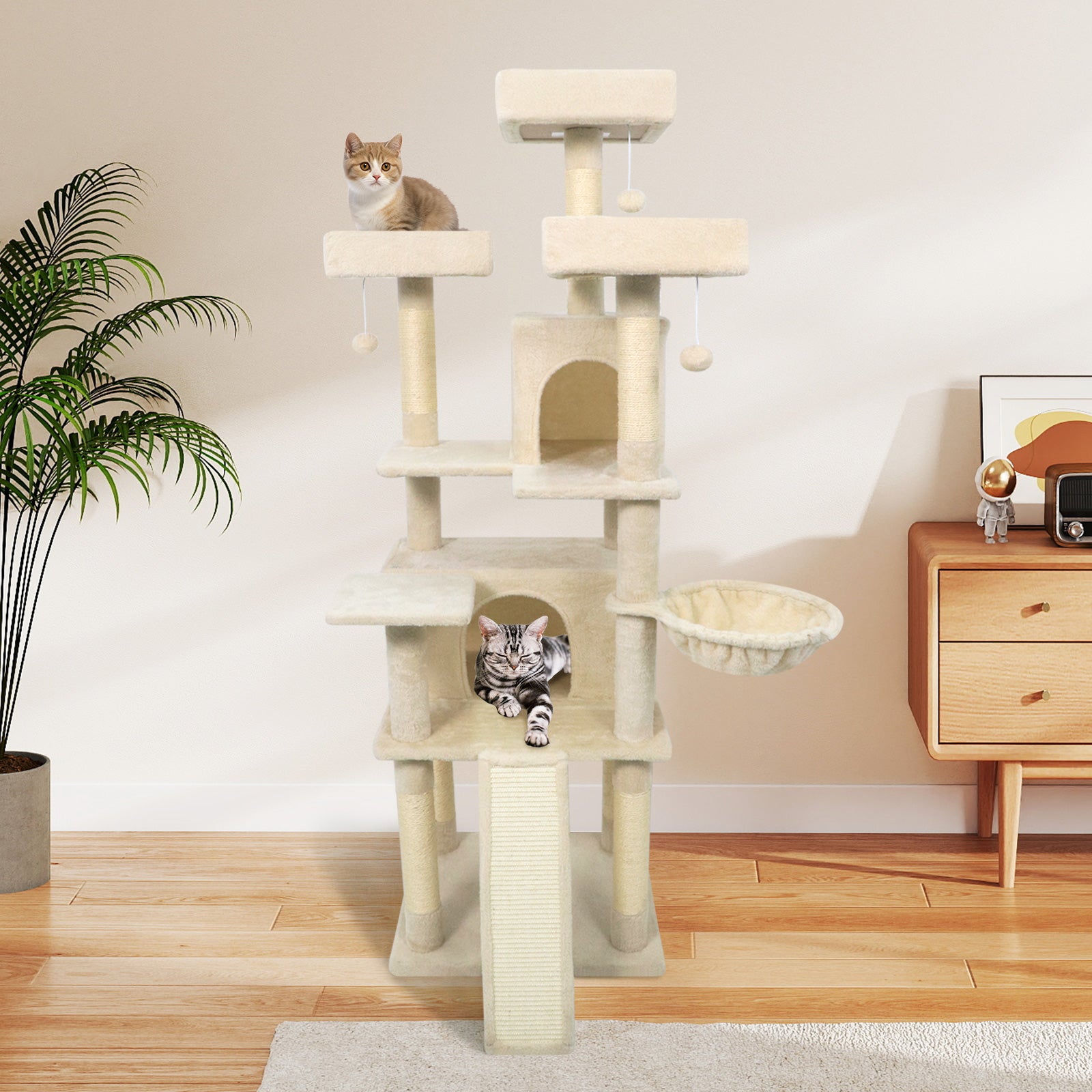 65 Inch Tall Multi-level Cat Tree with 3 Upholstered Perch and 2 Cat Condos - view 6