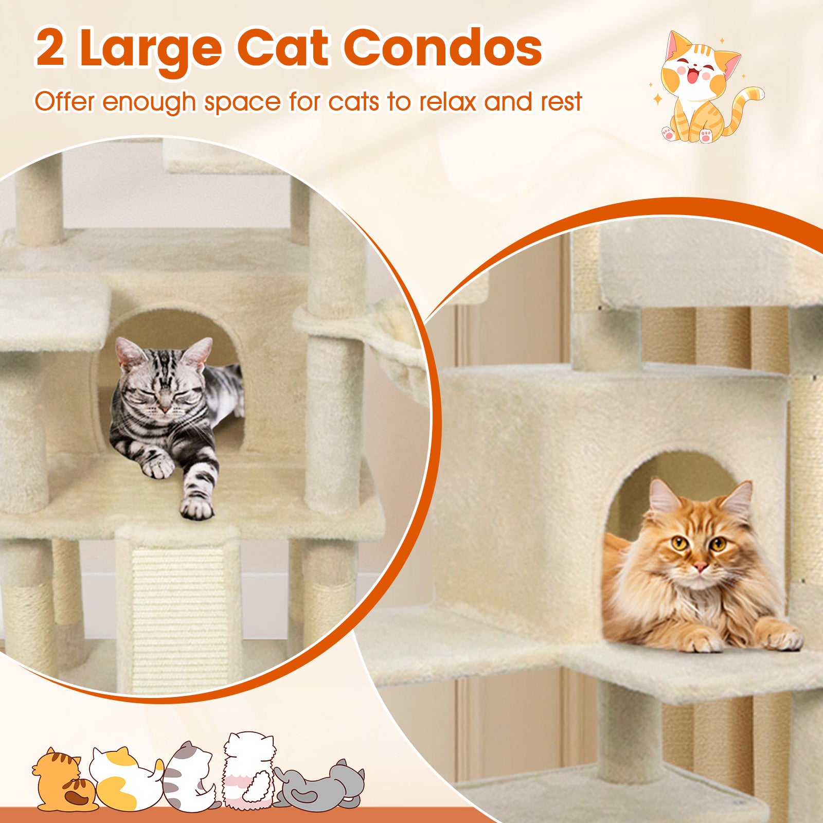 65 Inch Tall Multi-level Cat Tree with 3 Upholstered Perch and 2 Cat Condos - view 7