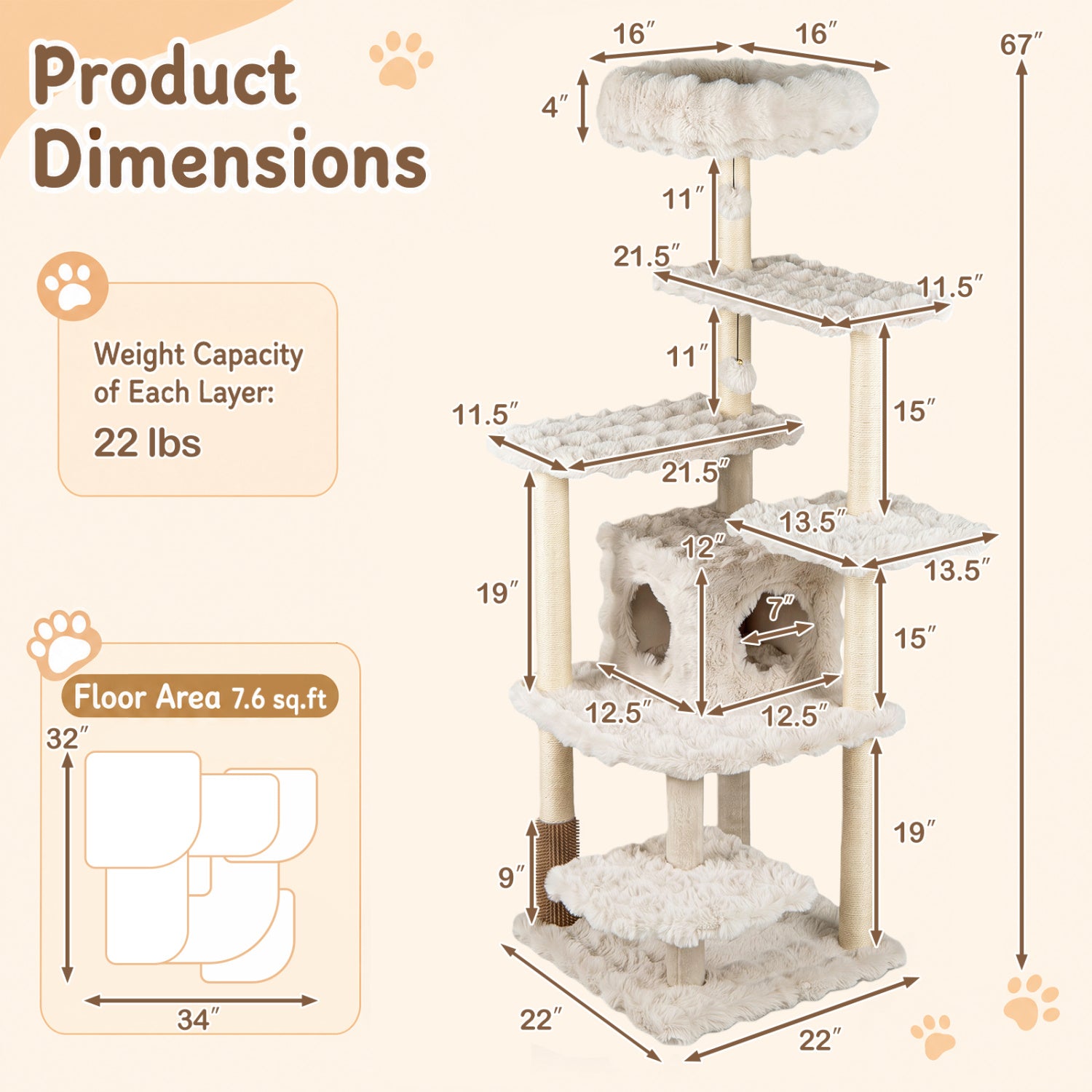 67 Inch Multi-level Cat Tree with Large Cat Condo and Padded Perch - view 5