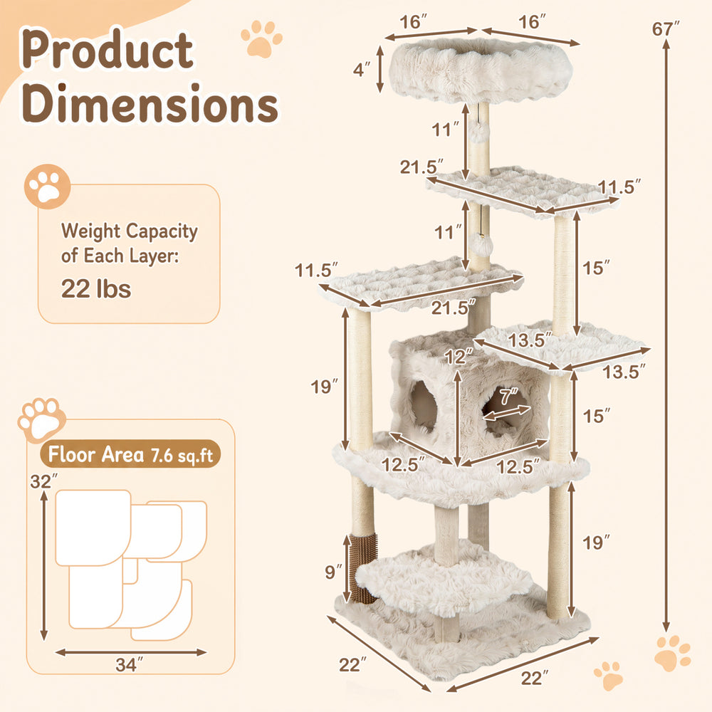 67 Inch Multi-level Cat Tree with Large Cat Condo and Padded Perch - view 5