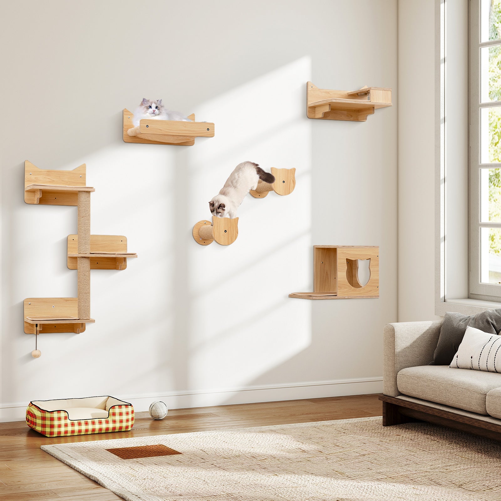 6 Pieces Cat Wall Furniture Set Kitten Wall Mounted Shelves Cat Tree - view 2