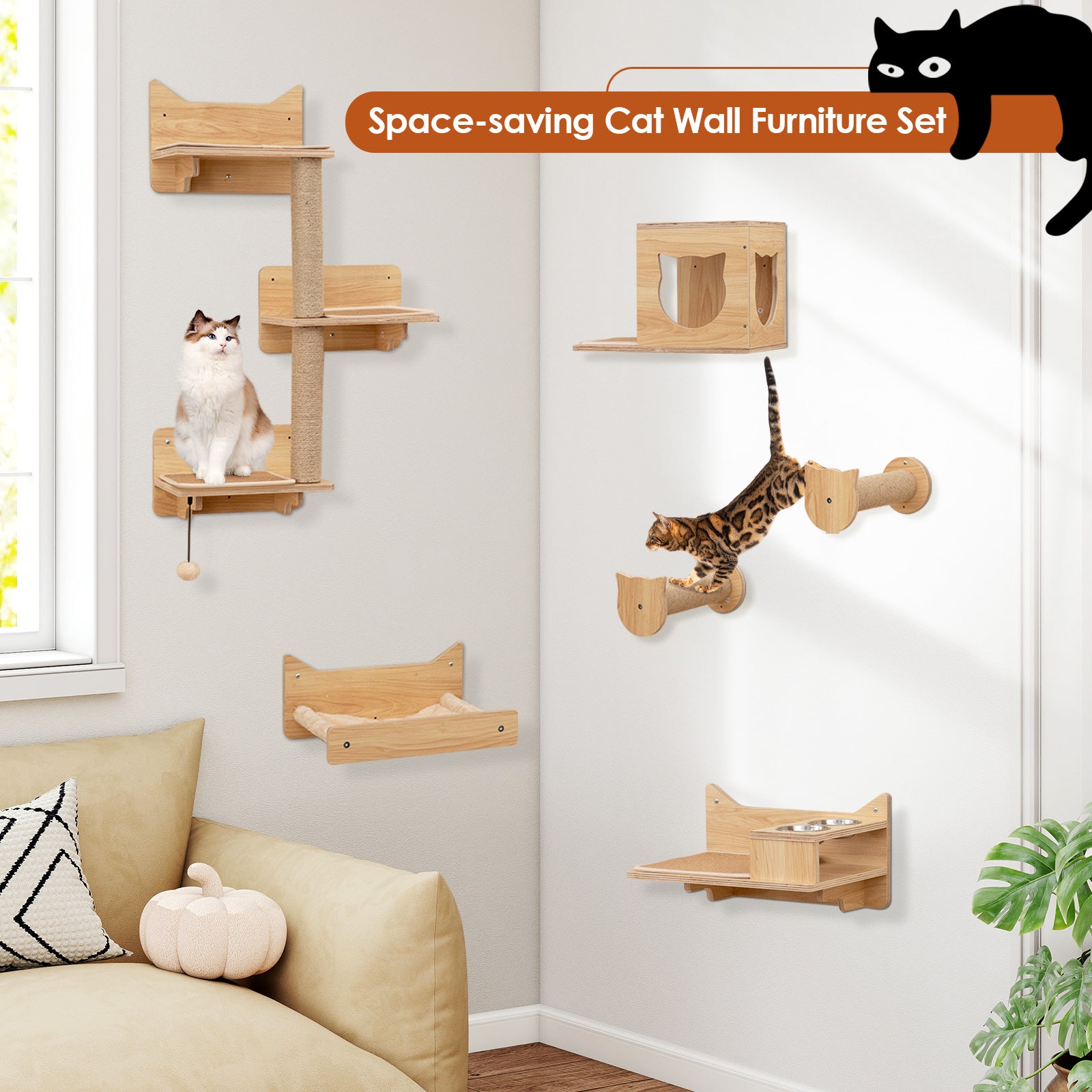 6 Pieces Cat Wall Furniture Set Kitten Wall Mounted Shelves Cat Tree - view 5