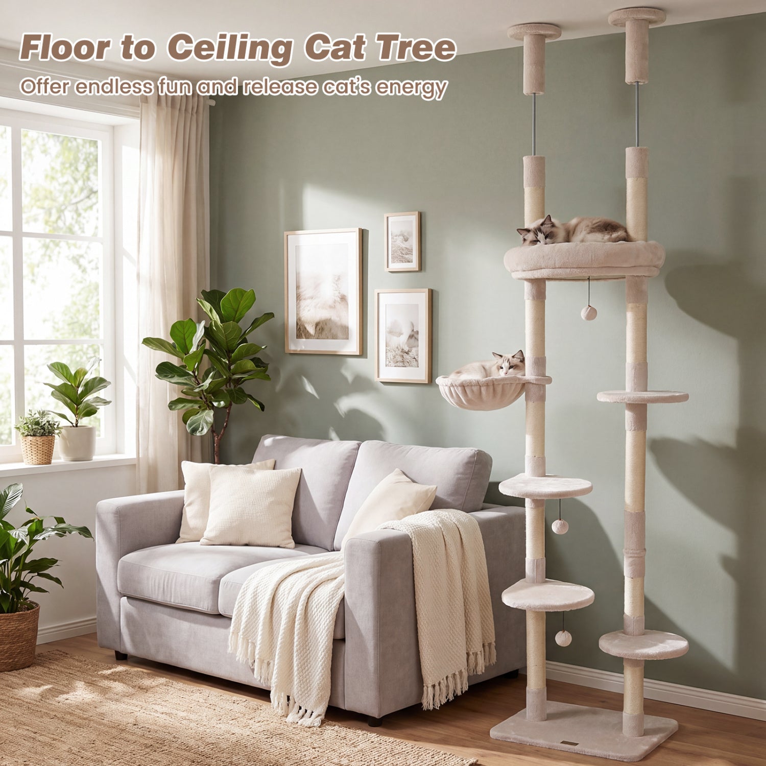 6-tier Floor to Ceiling Cat Tree with Plush Bed and Sisal Scratching Posts - view 5