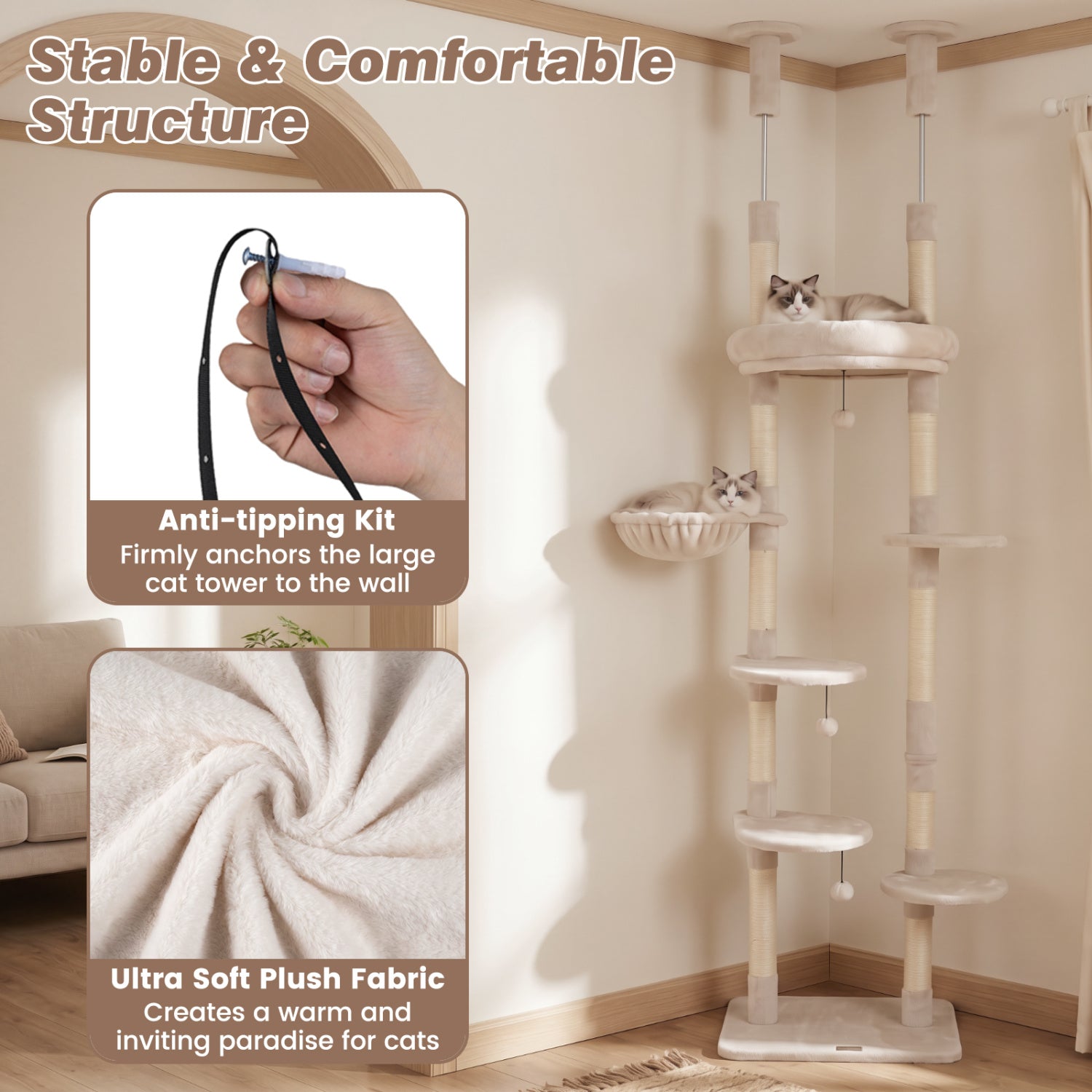 6-tier Floor to Ceiling Cat Tree with Plush Bed and Sisal Scratching Posts - view 8