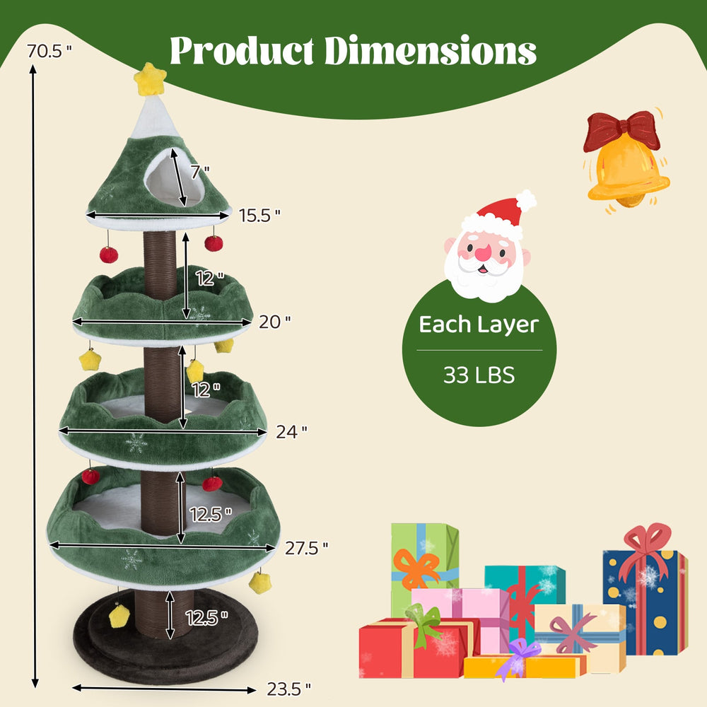 70.5 Inches Tall Christmas Cat Tree with 3 Plush Platforms - view 5