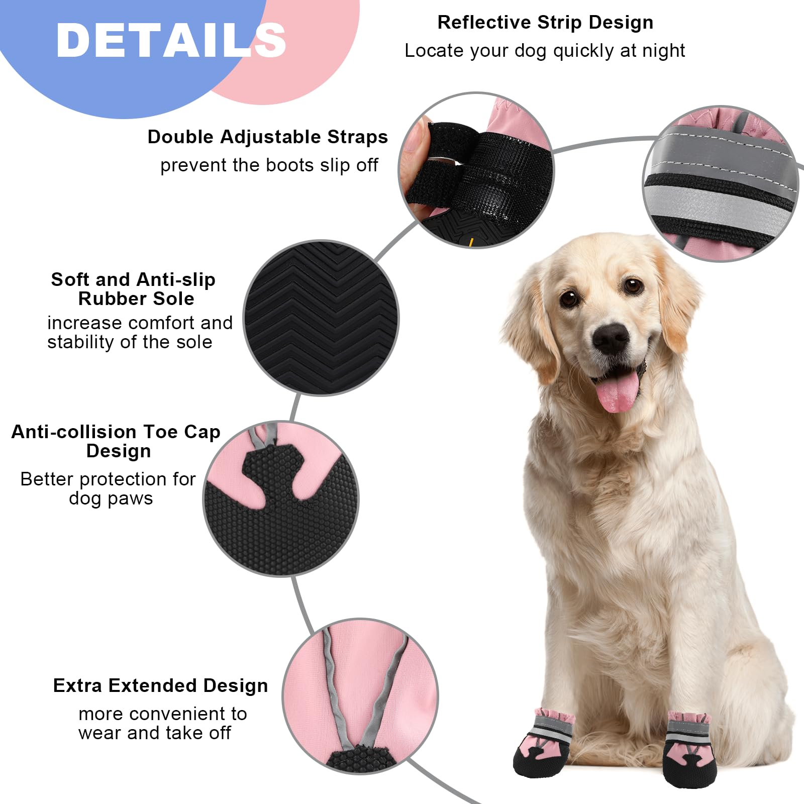 Waterproof Dog Boots 4-Pack | Reflective Paw Protectors, Non-Slip Sole - feature view 39