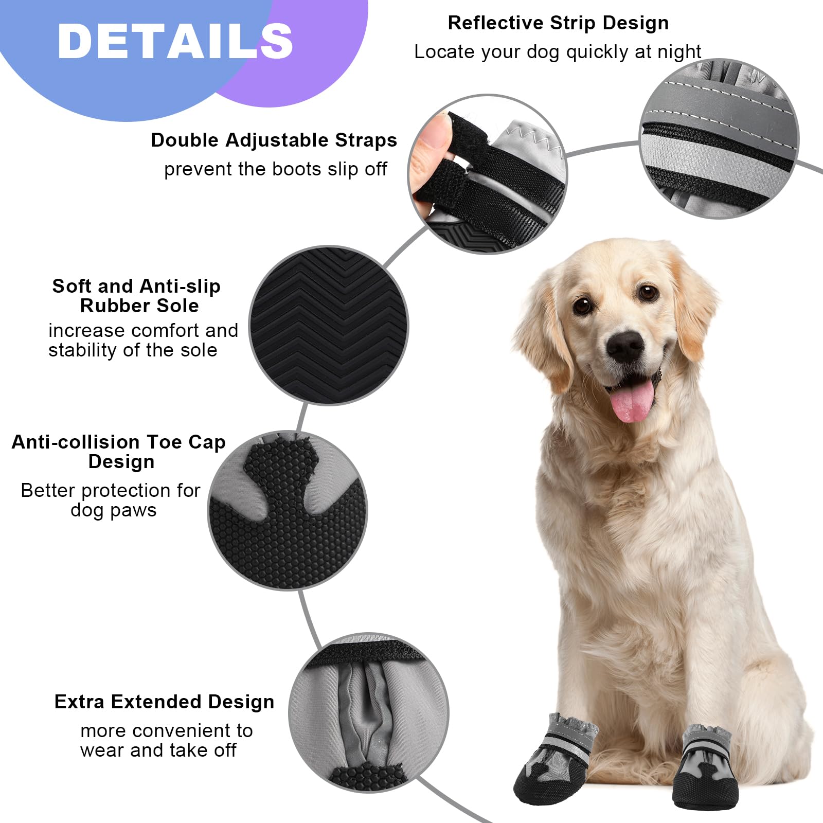 Waterproof Dog Boots 4-Pack | Reflective Paw Protectors, Non-Slip Sole - view 75