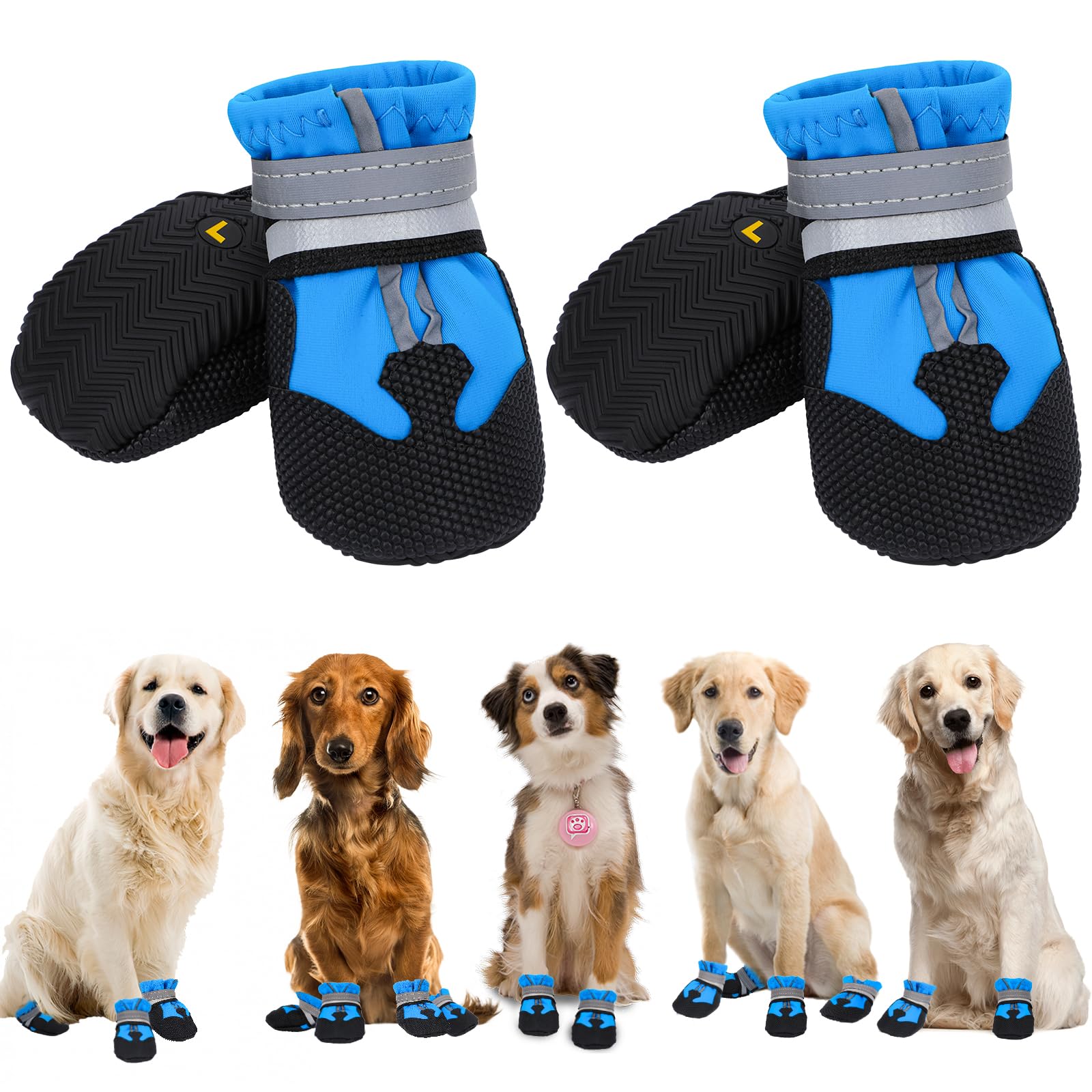 Waterproof Dog Boots 4-Pack | Reflective Paw Protectors, Non-Slip Sole - L / Blue
