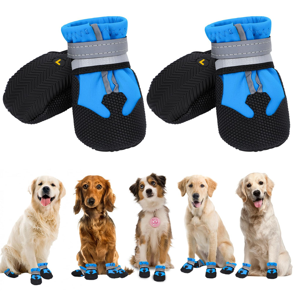 Waterproof Dog Boots 4-Pack | Reflective Paw Protectors, Non-Slip Sole - L / Blue
