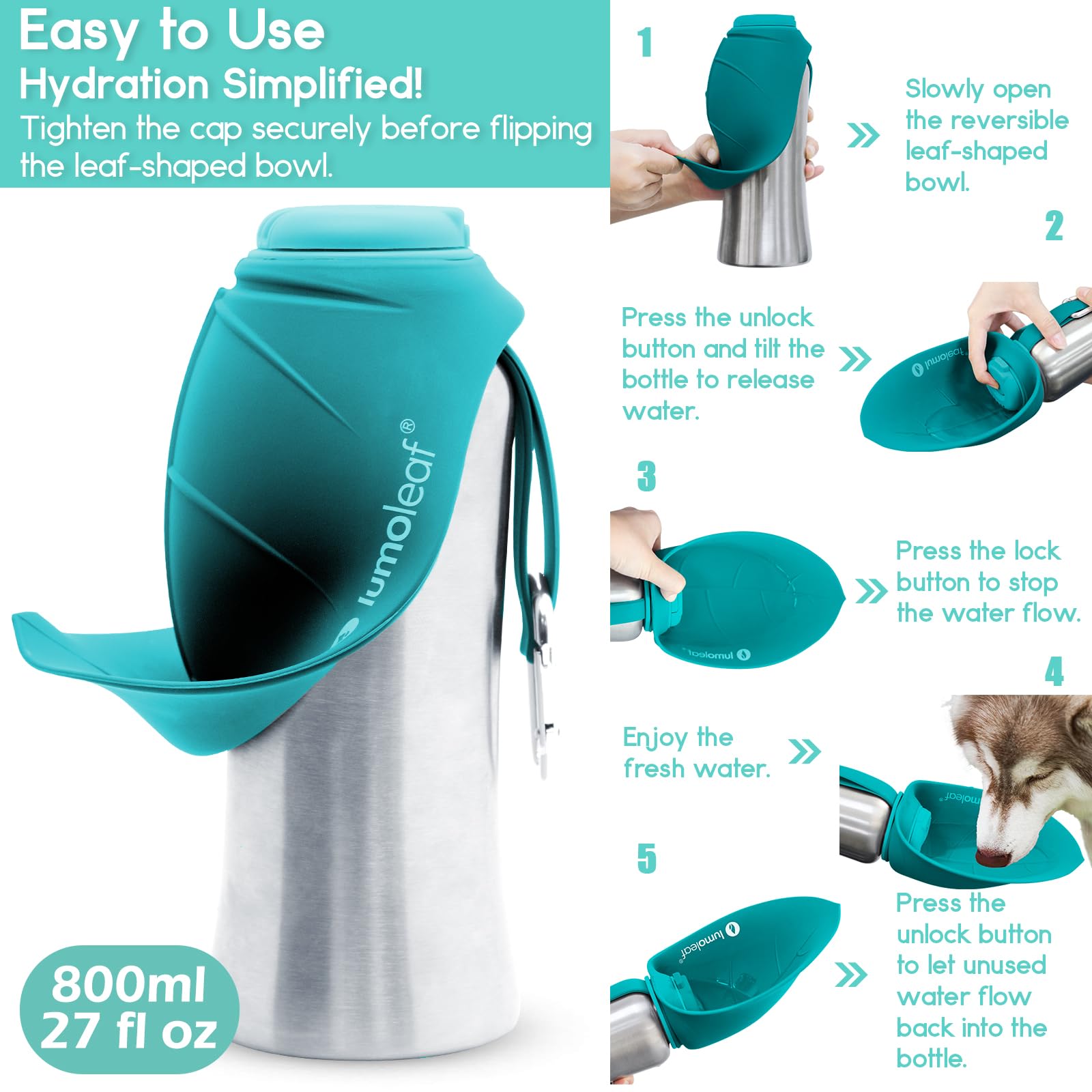 LumoLeaf 800 ml Stainless Steel Dog Water Bottle | Travel Pet Water Dispenser - feature view 14