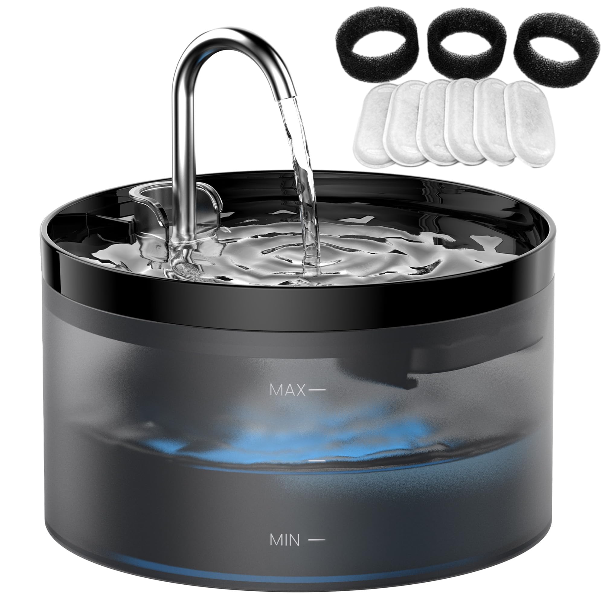 GIOTOHUN 2L Cat Water Fountain | Super Silent, LED, Multi-Stage Filter - Black-2L+ 6 Filters +3 Sponges