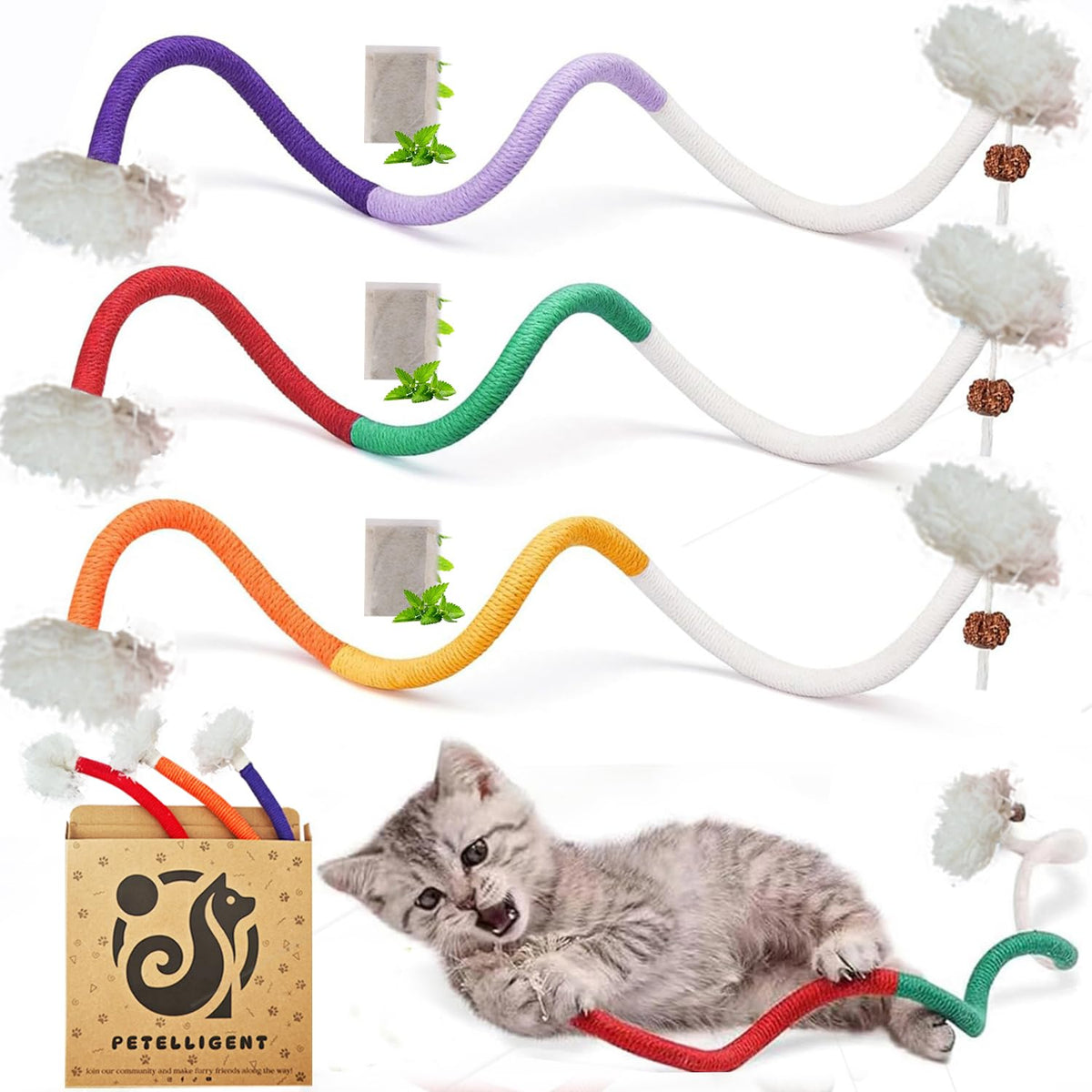 Petelligent 3-Pack Bent Cat Rope Toys | Cotton Rope, Pom Pom & Catnip