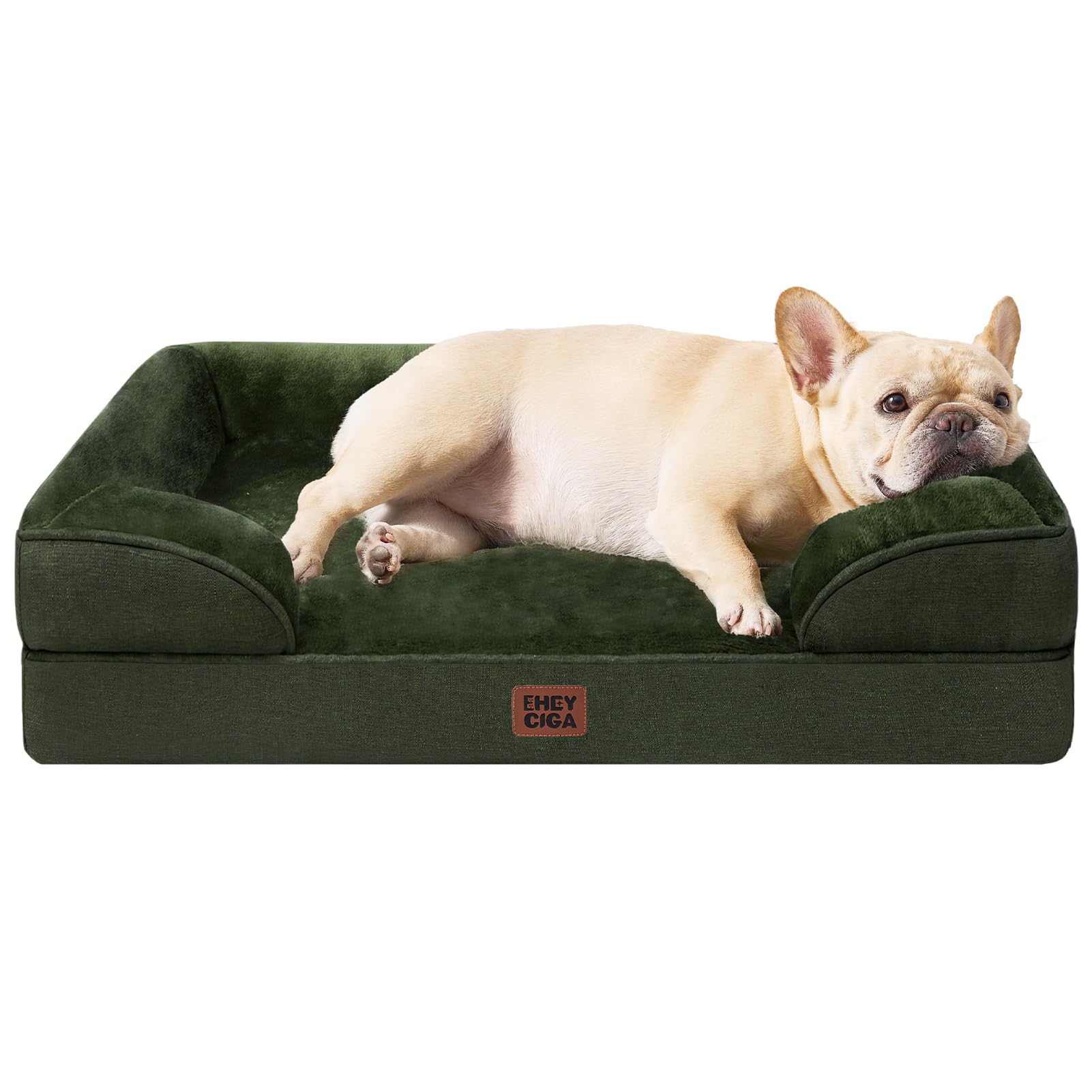 EHEYCIGA Memory Foam XL Orthopedic Dog Bed | Bolster Sides, Waterproof - Dark Green / 76L x 51W x 16H cm