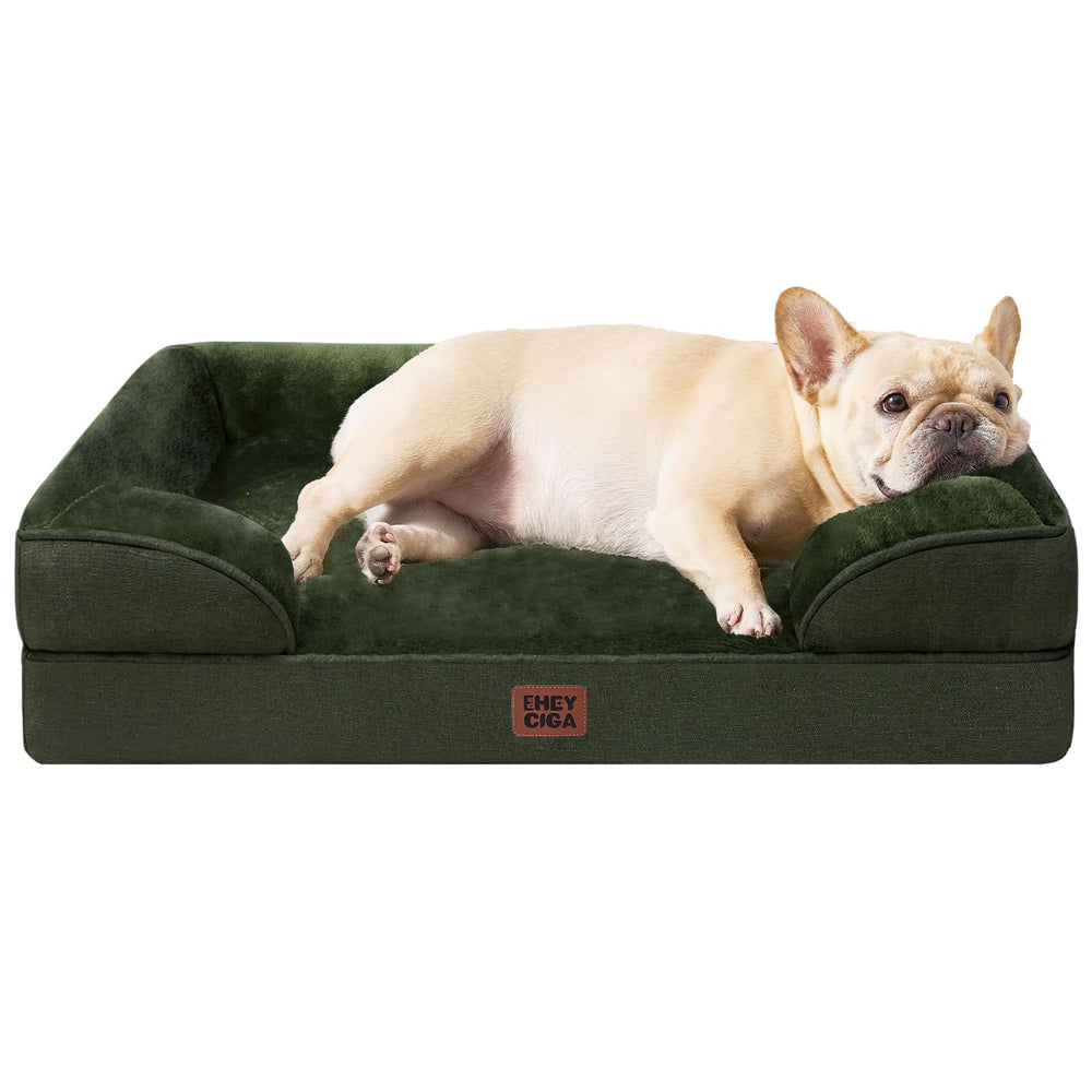 EHEYCIGA Memory Foam XL Orthopedic Dog Bed | Bolster Sides, Waterproof - Dark Green / 76L x 51W x 16H cm