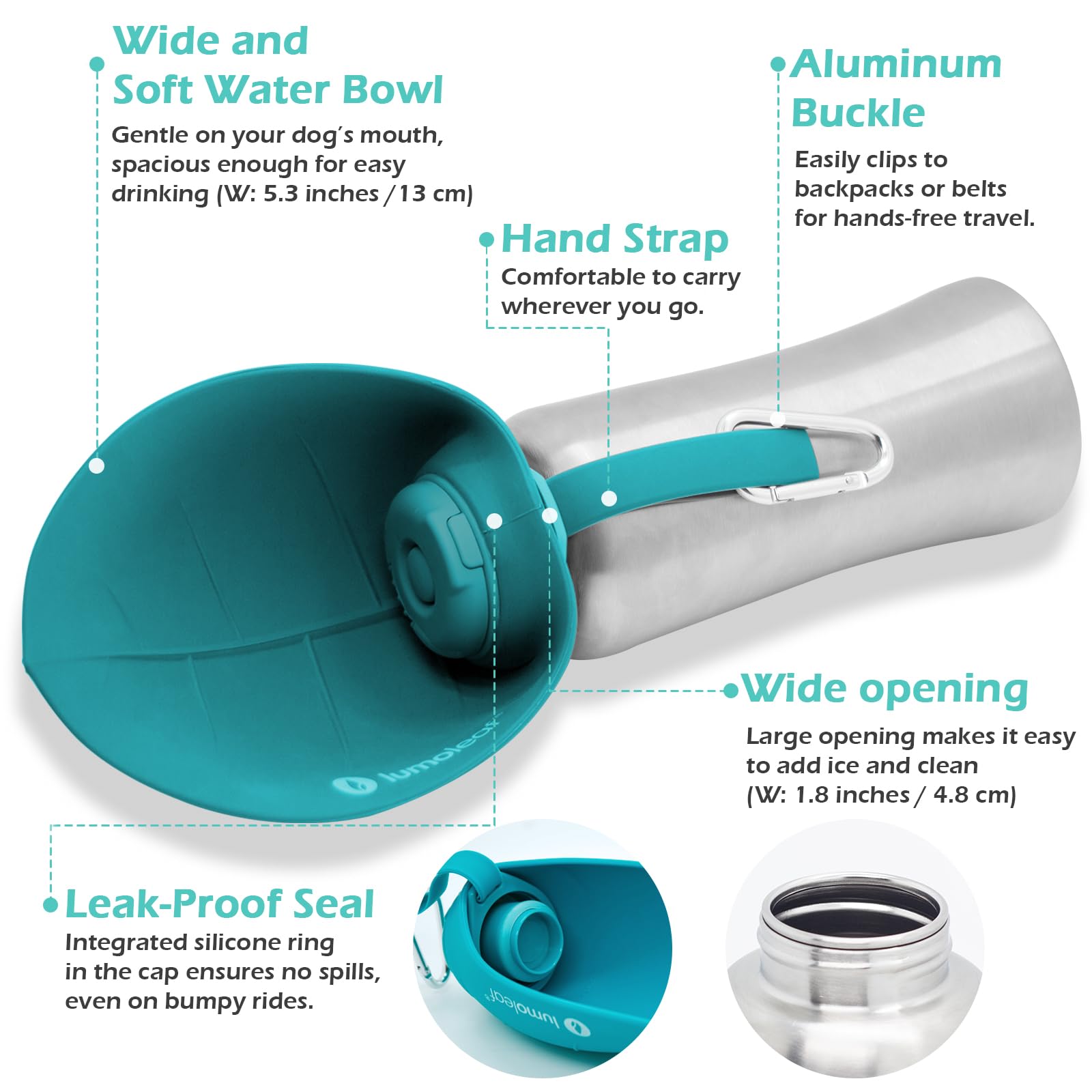 LumoLeaf 800 ml Stainless Steel Dog Water Bottle | Travel Pet Water Dispenser - feature view 13