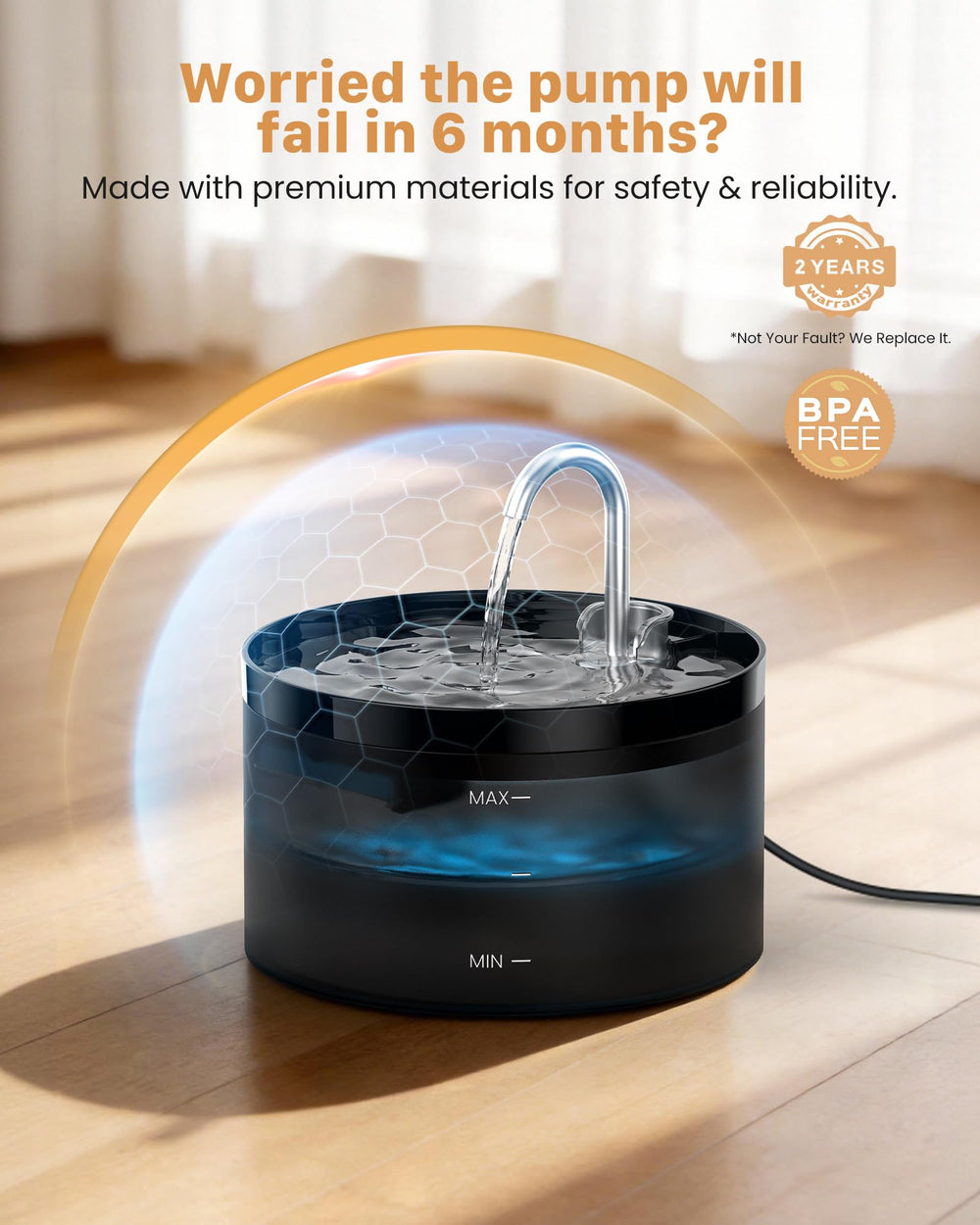 GIOTOHUN 2L Cat Water Fountain | Super Silent, LED, Multi-Stage Filter - detail view