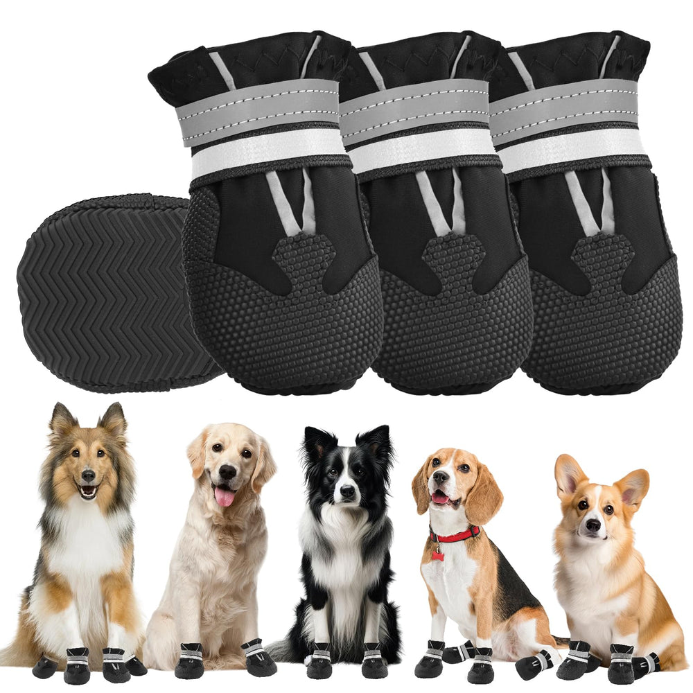 Waterproof Dog Boots 4-Pack | Reflective Paw Protectors, Non-Slip Sole - XXL / Black